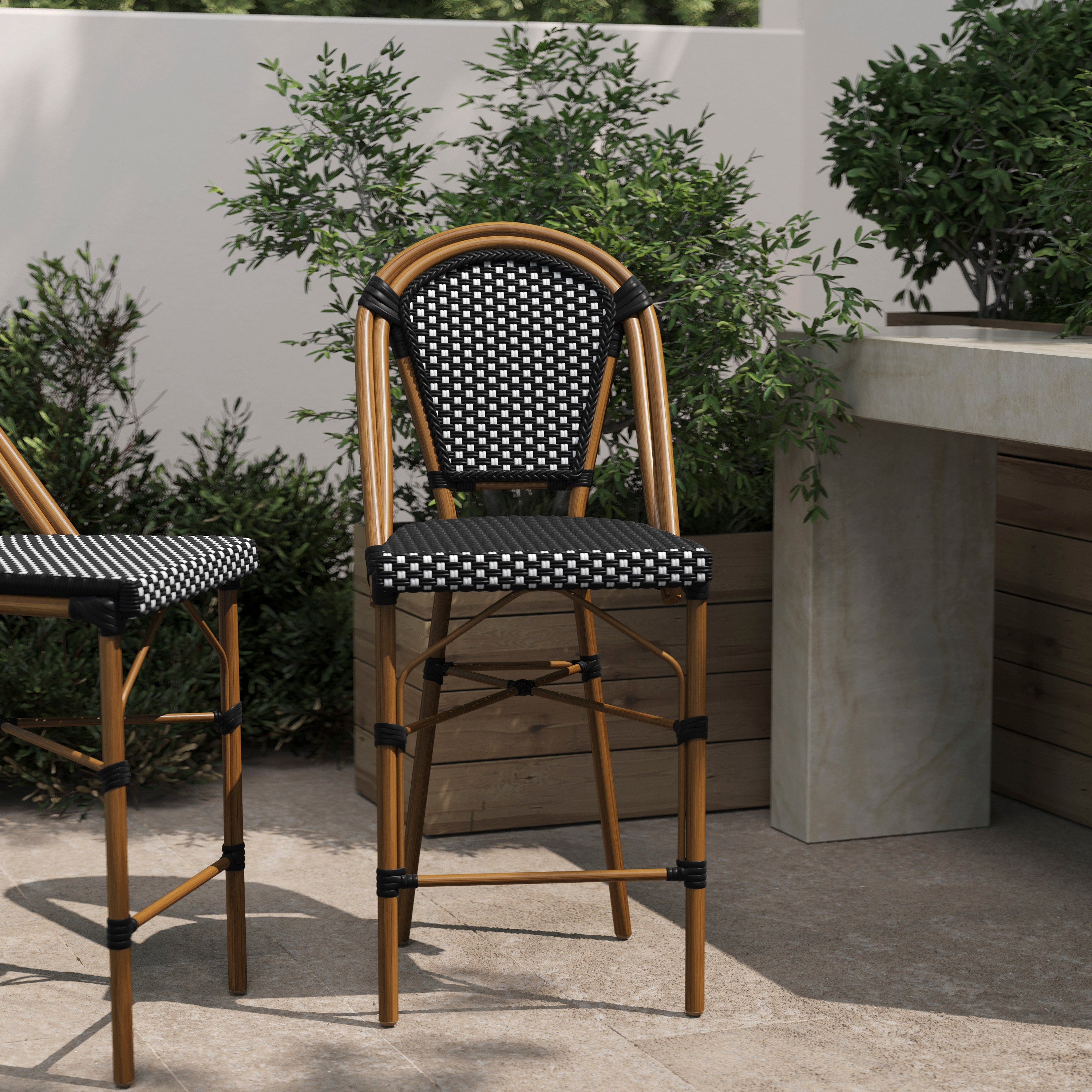 Bordeaux Stackable Indoor/Outdoor Bistro 26" High Counter Height Stool, Commercial Grade, Black/White and Bamboo Finish