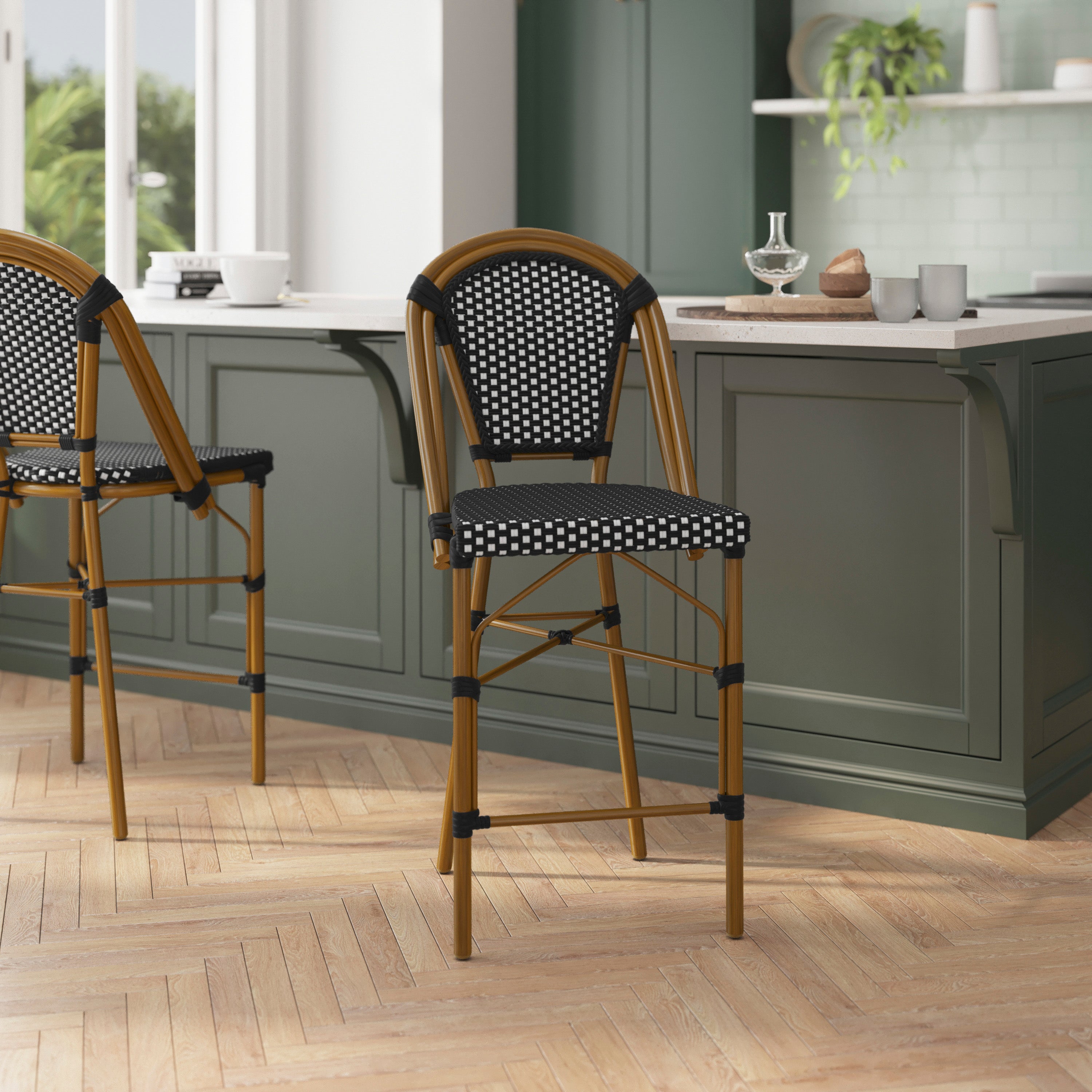 Bordeaux Stackable Indoor/Outdoor Bistro 26" High Counter Height Stool, Commercial Grade, Black/White and Bamboo Finish