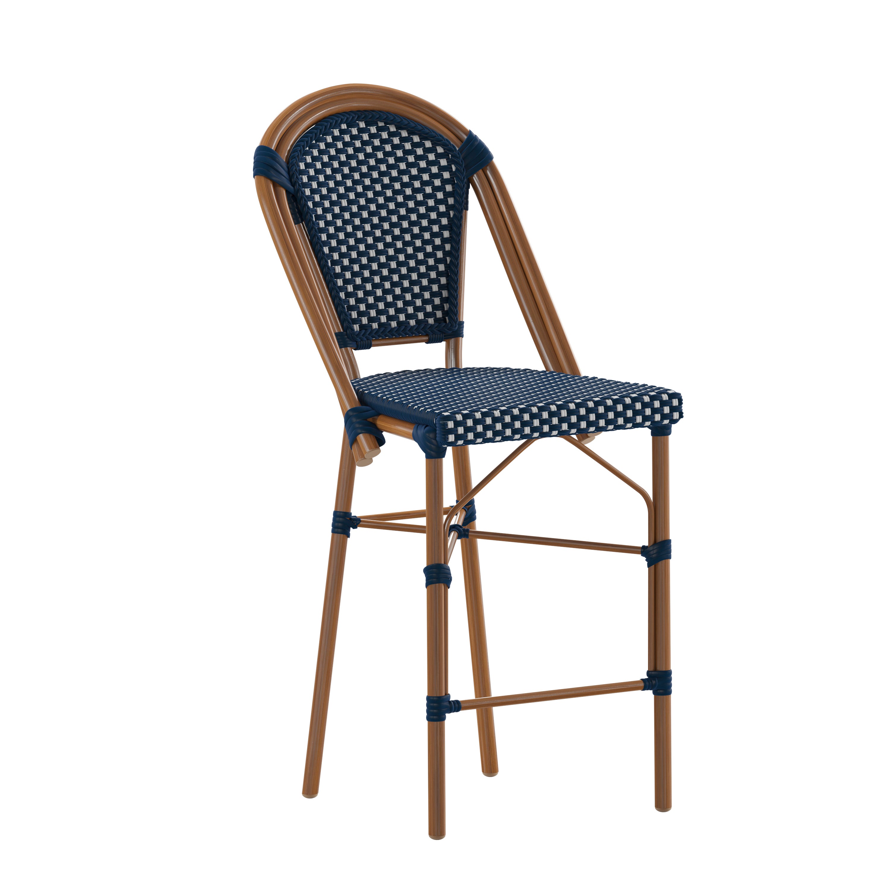 Bordeaux Stackable Indoor/Outdoor Bistro 26" High Counter Height Stool, Commercial Grade, Navy/White and Bamboo Finish