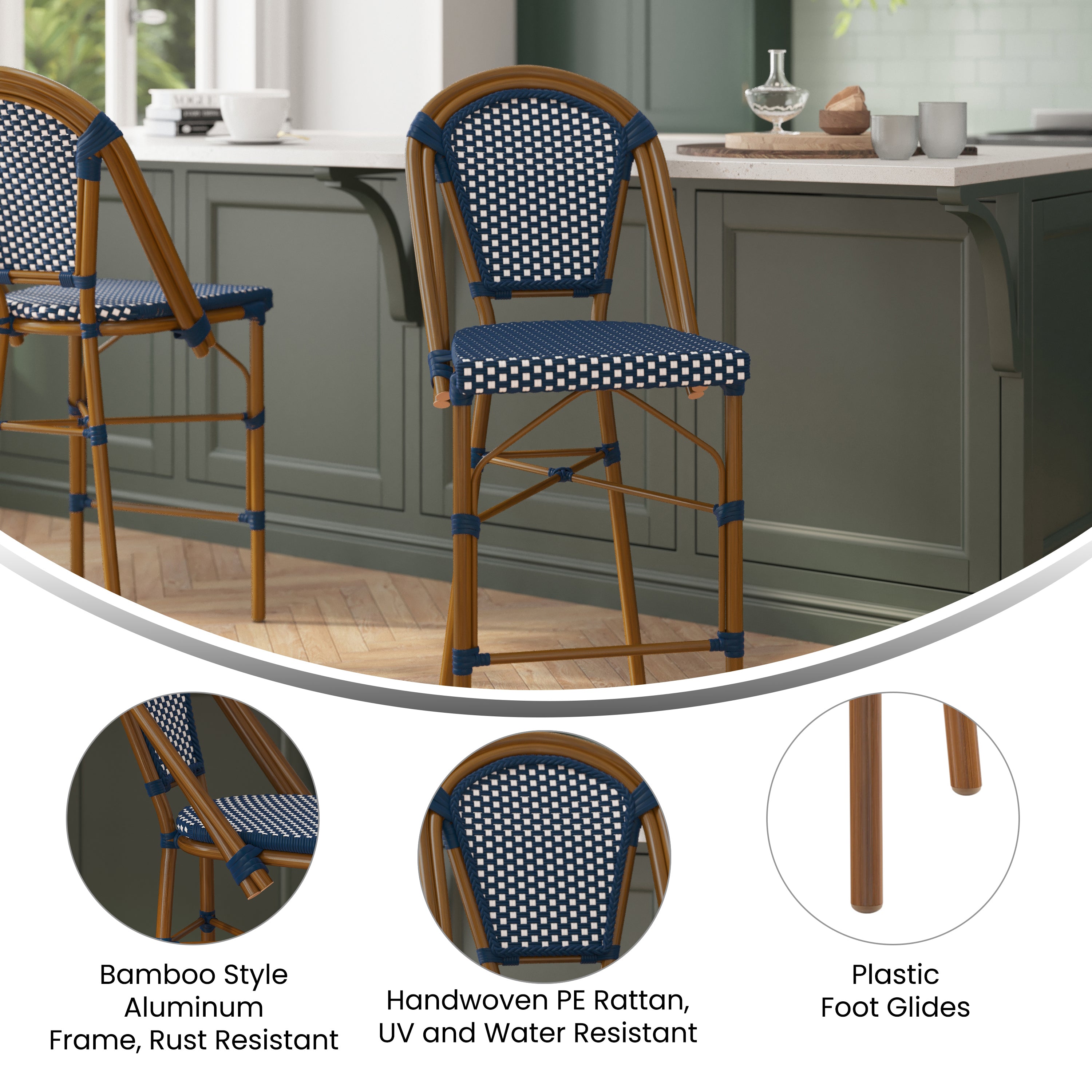 Bordeaux Stackable Indoor/Outdoor Bistro 26" High Counter Height Stool, Commercial Grade, Navy/White and Bamboo Finish