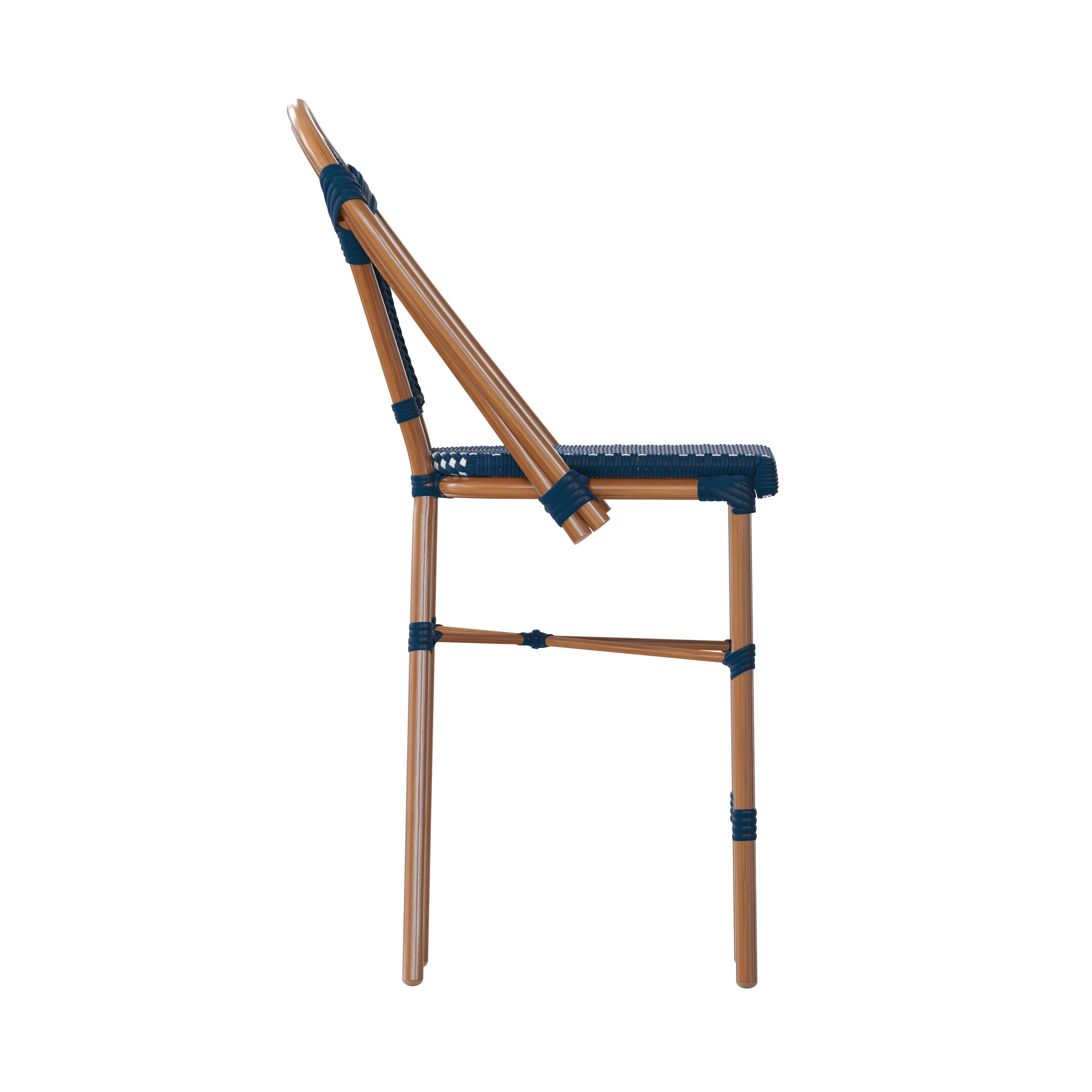 Bordeaux Stackable Indoor/Outdoor Bistro 26" High Counter Height Stool, Commercial Grade, Navy/White and Bamboo Finish