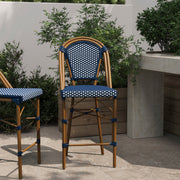 Bordeaux Stackable Indoor/Outdoor Bistro 26" High Counter Height Stool, Commercial Grade, Navy/White and Bamboo Finish