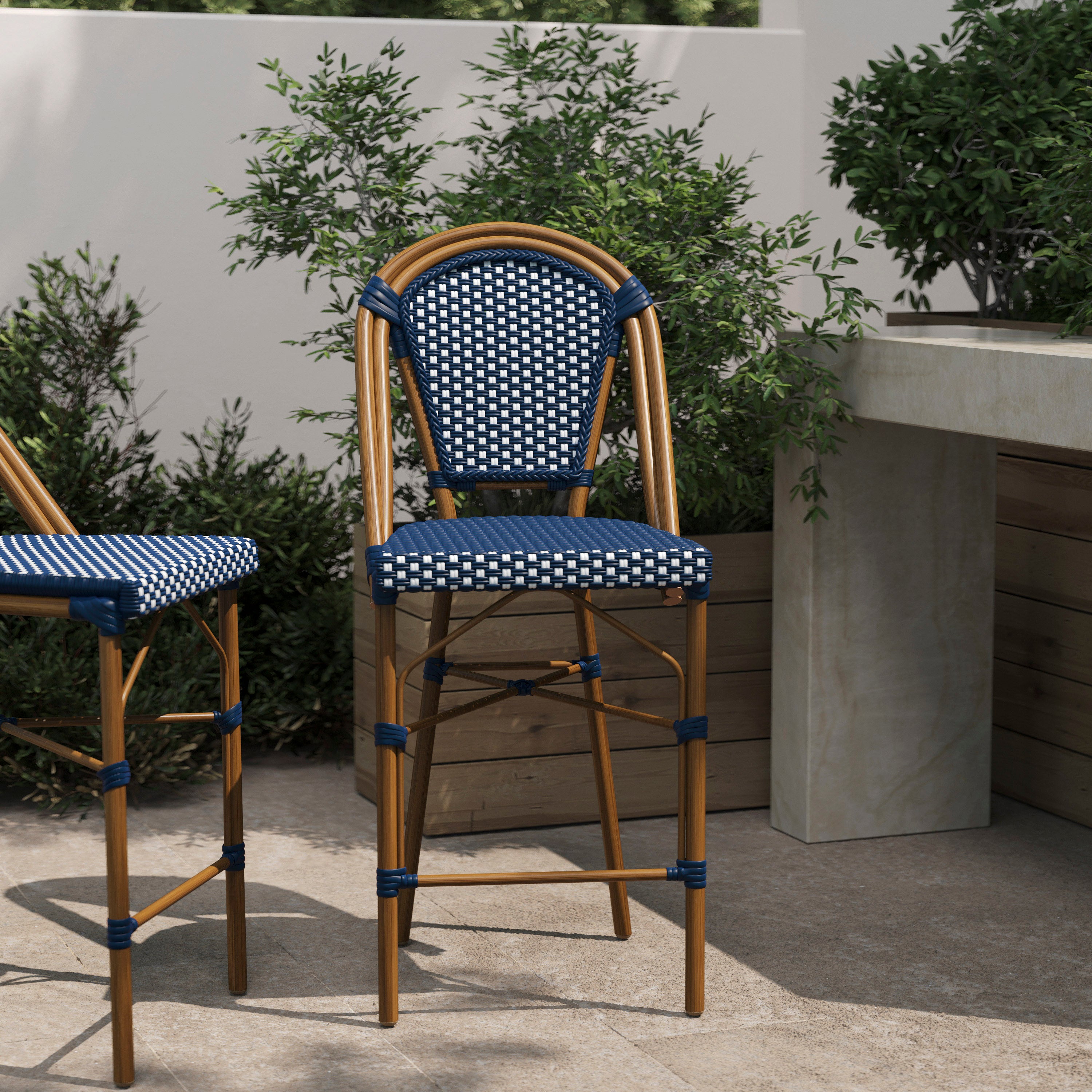 Bordeaux Stackable Indoor/Outdoor Bistro 26" High Counter Height Stool, Commercial Grade, Navy/White and Bamboo Finish