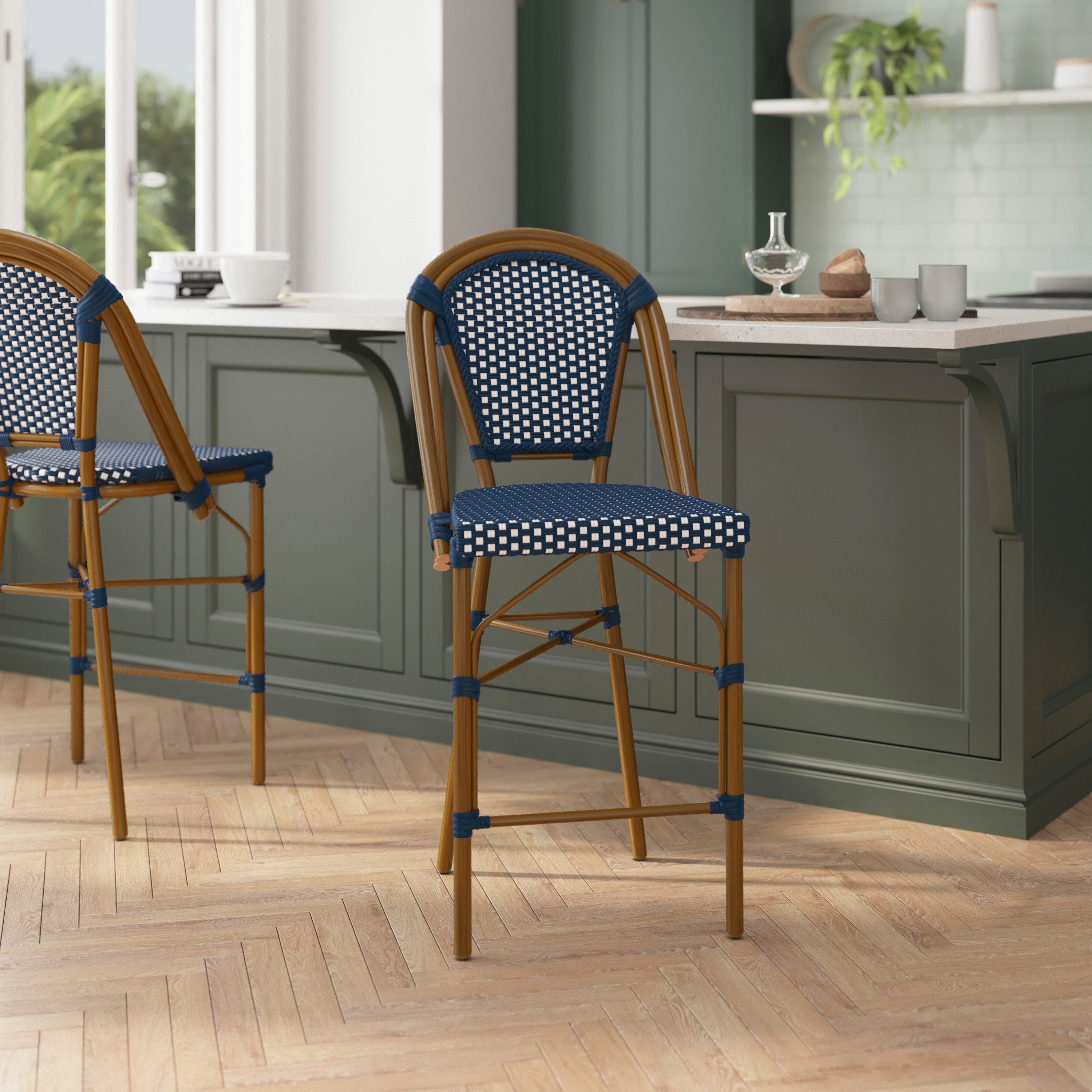Bordeaux Stackable Indoor/Outdoor Bistro 26" High Counter Height Stool, Commercial Grade, Navy/White and Bamboo Finish