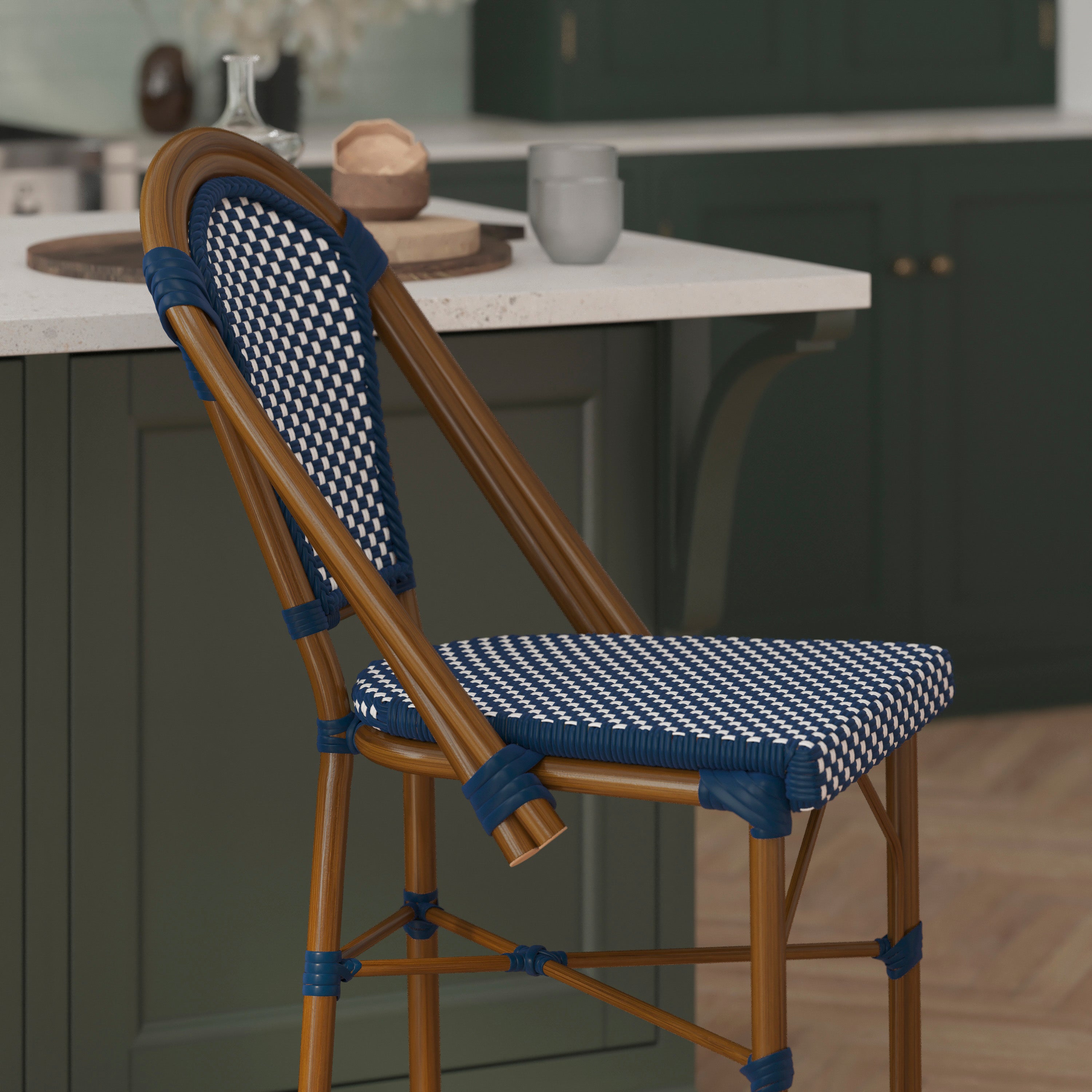 Bordeaux Stackable Indoor/Outdoor Bistro 26" High Counter Height Stool, Commercial Grade, Navy/White and Bamboo Finish