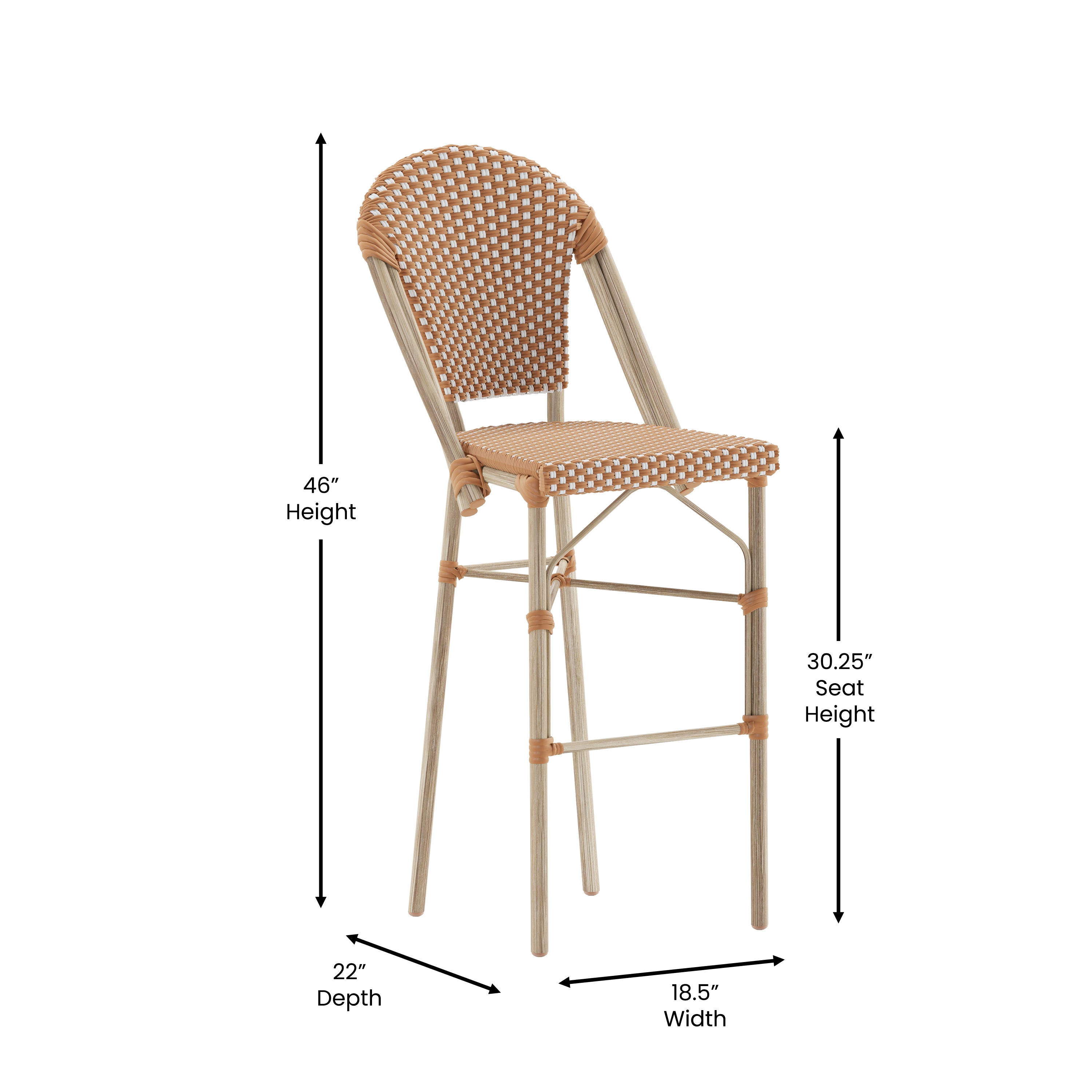 Lourdes Stackable Indoor/Outdoor Bistro 30" High Barstool, Commercial Grade, Natural/White and Light Natural Finish