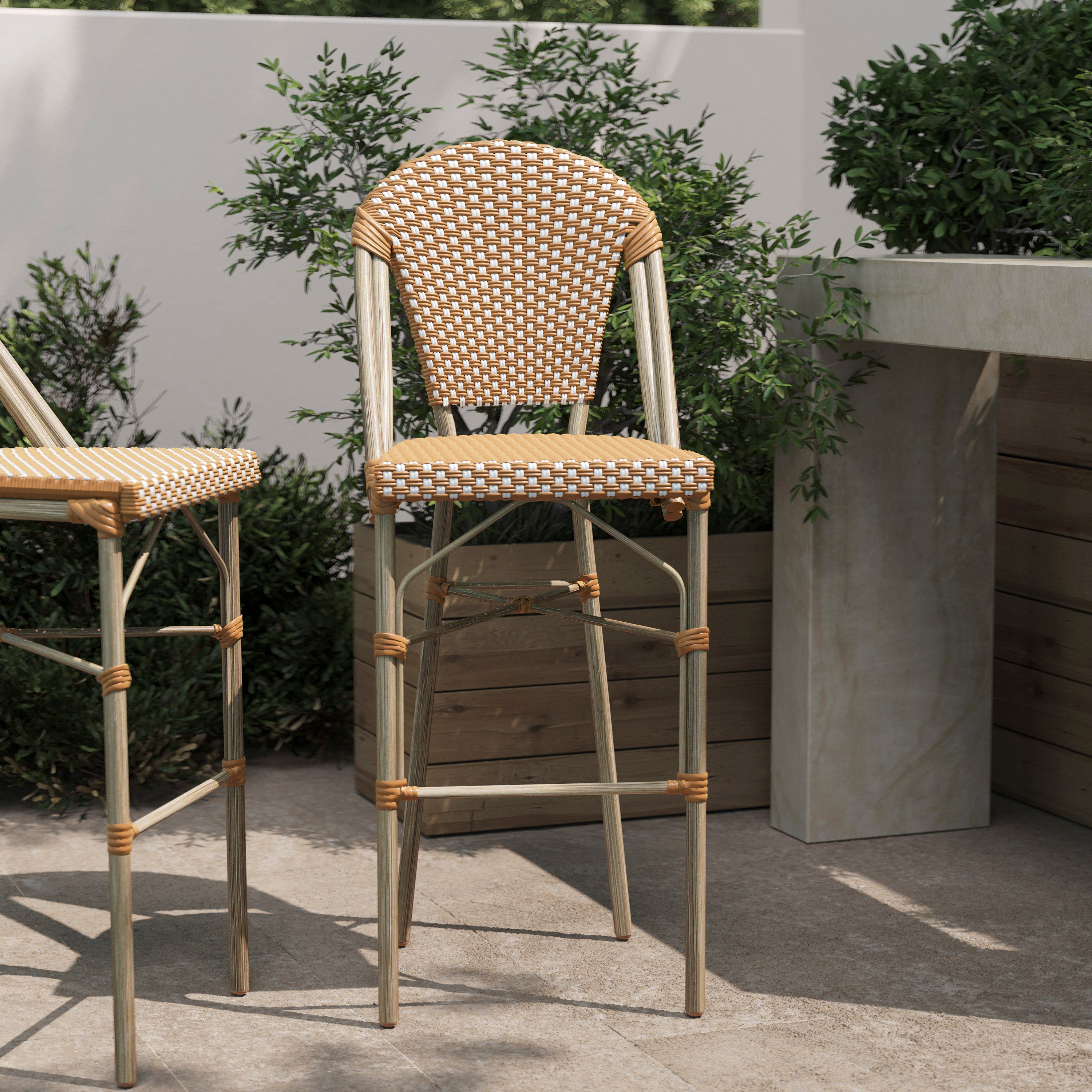 Lourdes Stackable Indoor/Outdoor Bistro 30" High Barstool, Commercial Grade, Natural/White and Light Natural Finish