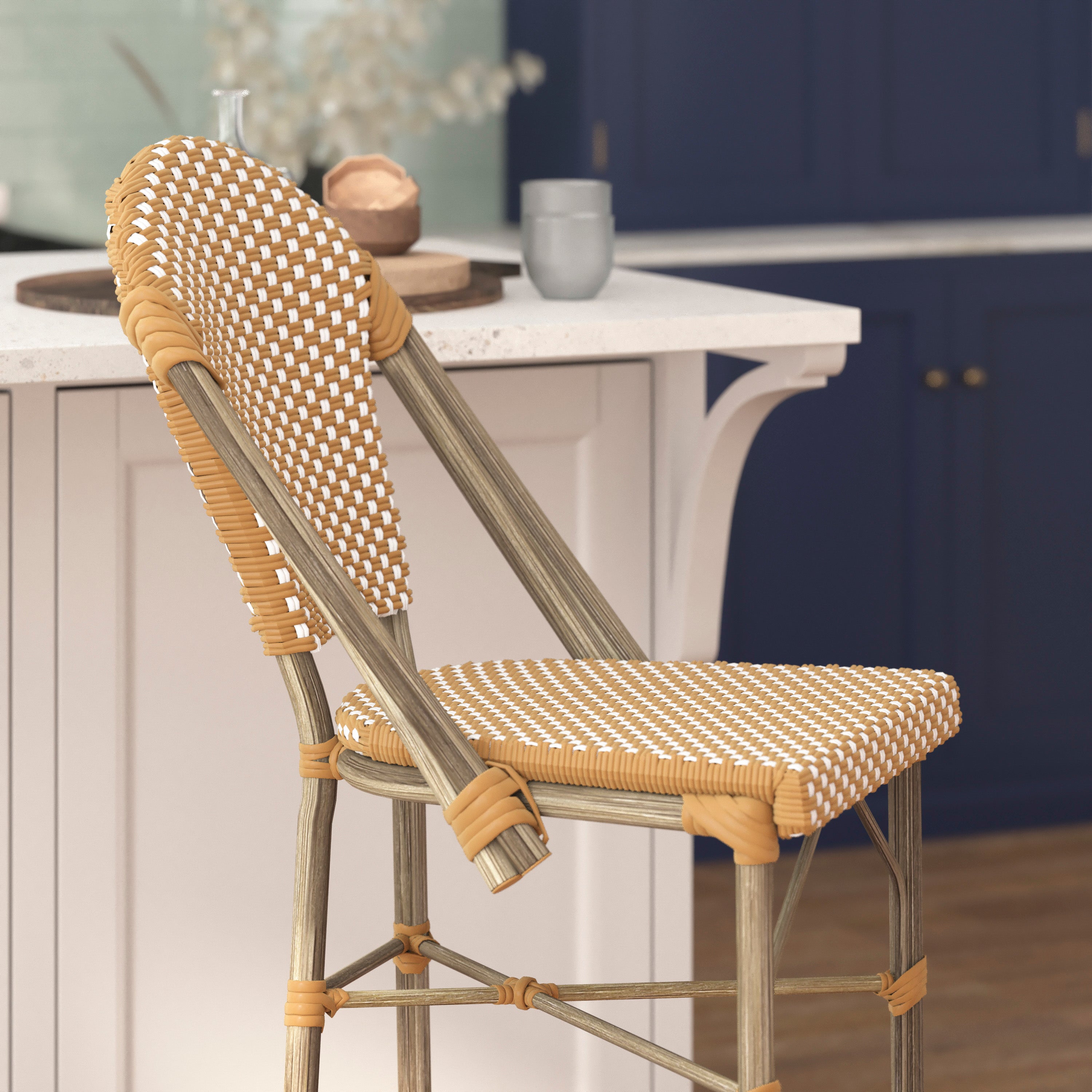 Lourdes Stackable Indoor/Outdoor Bistro 30" High Barstool, Commercial Grade, Natural/White and Light Natural Finish