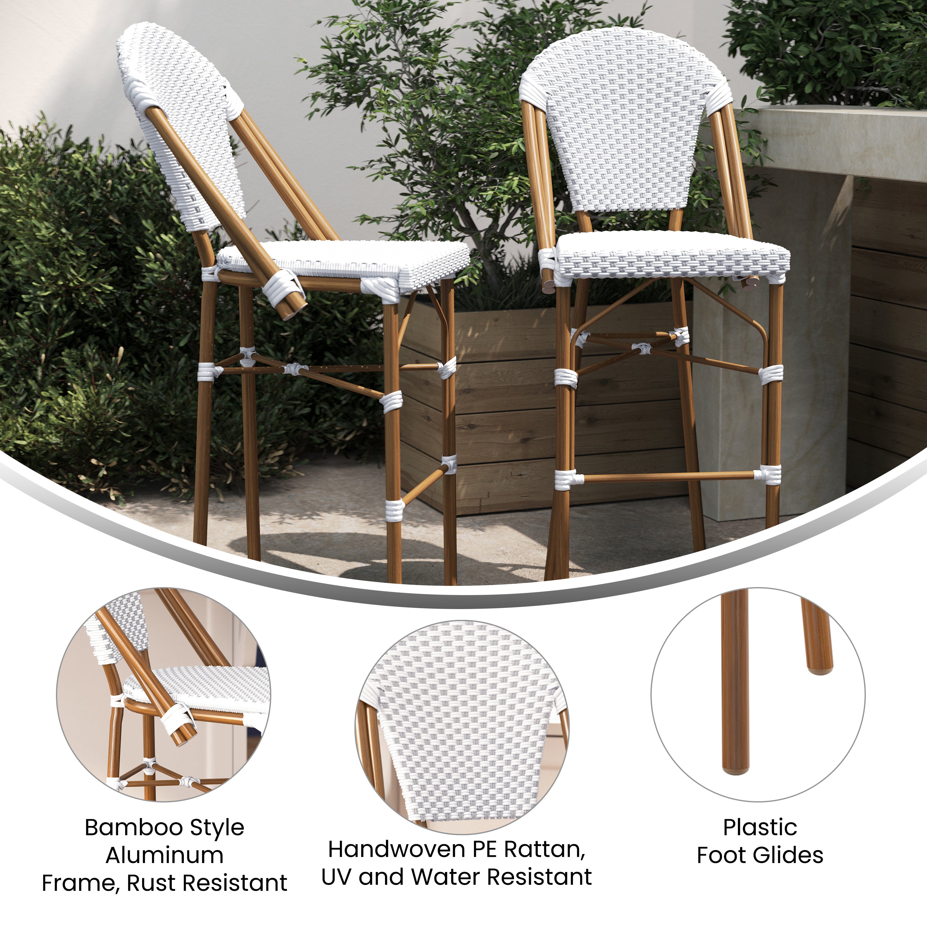 Lourdes Stackable Indoor/Outdoor Bistro 30" High Barstool, Commercial Grade, White/Gray and Bamboo Finish