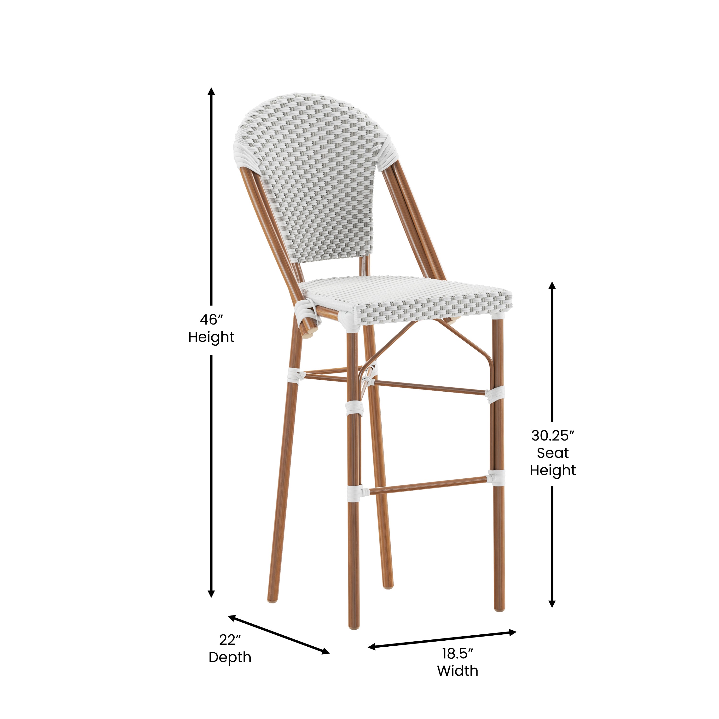 Lourdes Stackable Indoor/Outdoor Bistro 30" High Barstool, Commercial Grade, White/Gray and Bamboo Finish