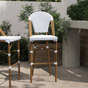 Lourdes Stackable Indoor/Outdoor Bistro 30" High Barstool, Commercial Grade, White/Gray and Bamboo Finish