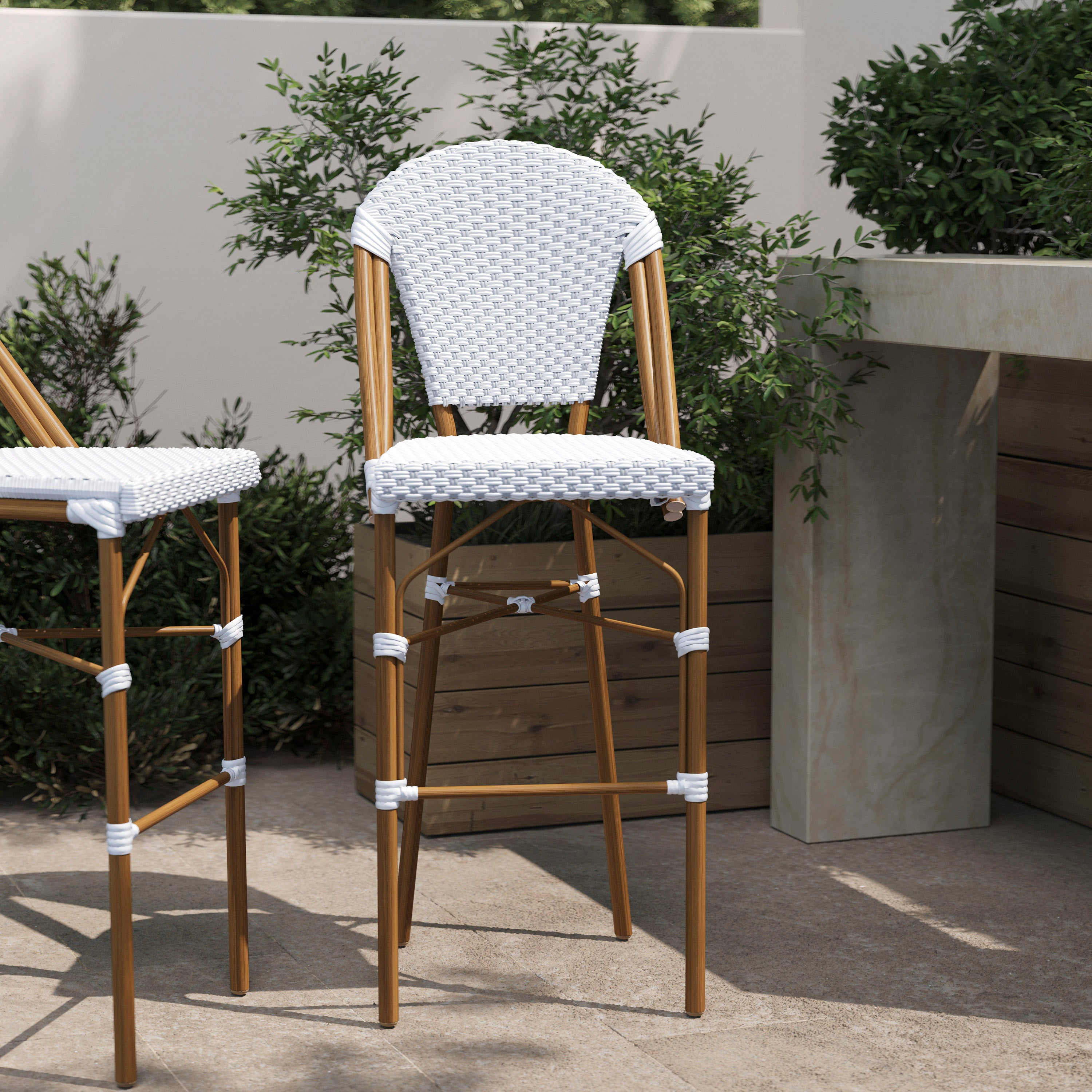 Lourdes Stackable Indoor/Outdoor Bistro 30" High Barstool, Commercial Grade, White/Gray and Bamboo Finish