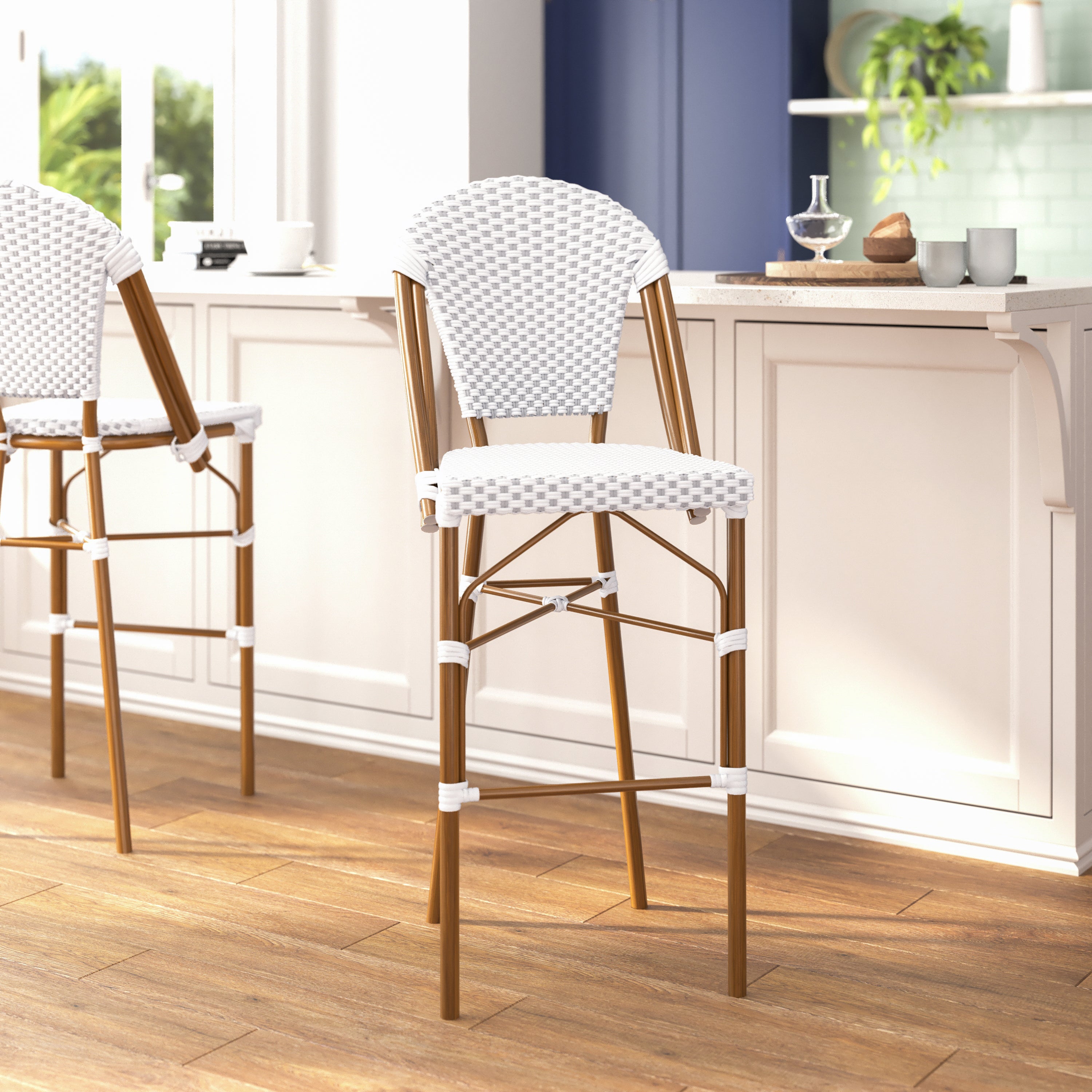 Lourdes Stackable Indoor/Outdoor Bistro 30" High Barstool, Commercial Grade, White/Gray and Bamboo Finish
