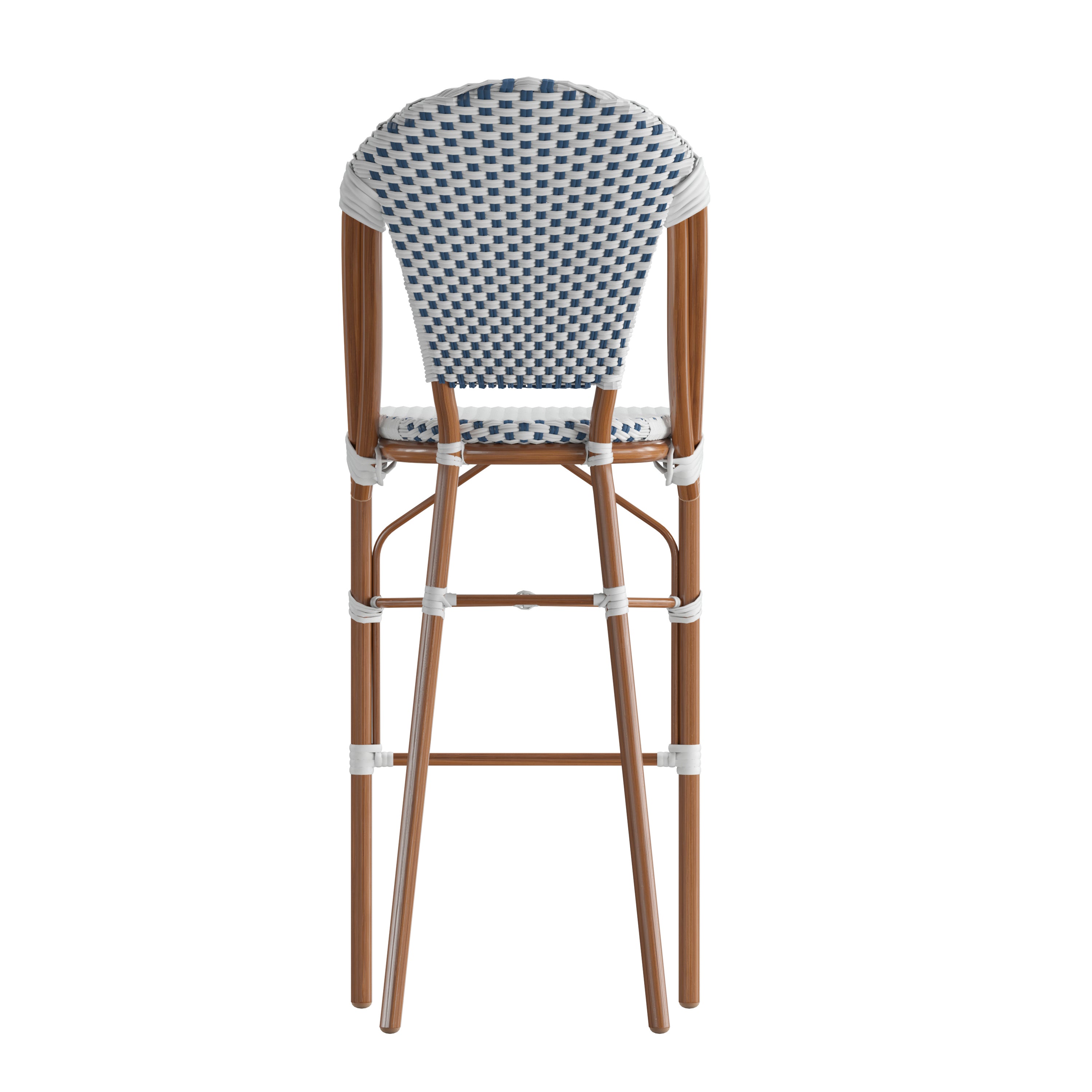 Lourdes Stackable Indoor/Outdoor Bistro 30" High Barstool, Commercial Grade, White/Navy and Bamboo Finish