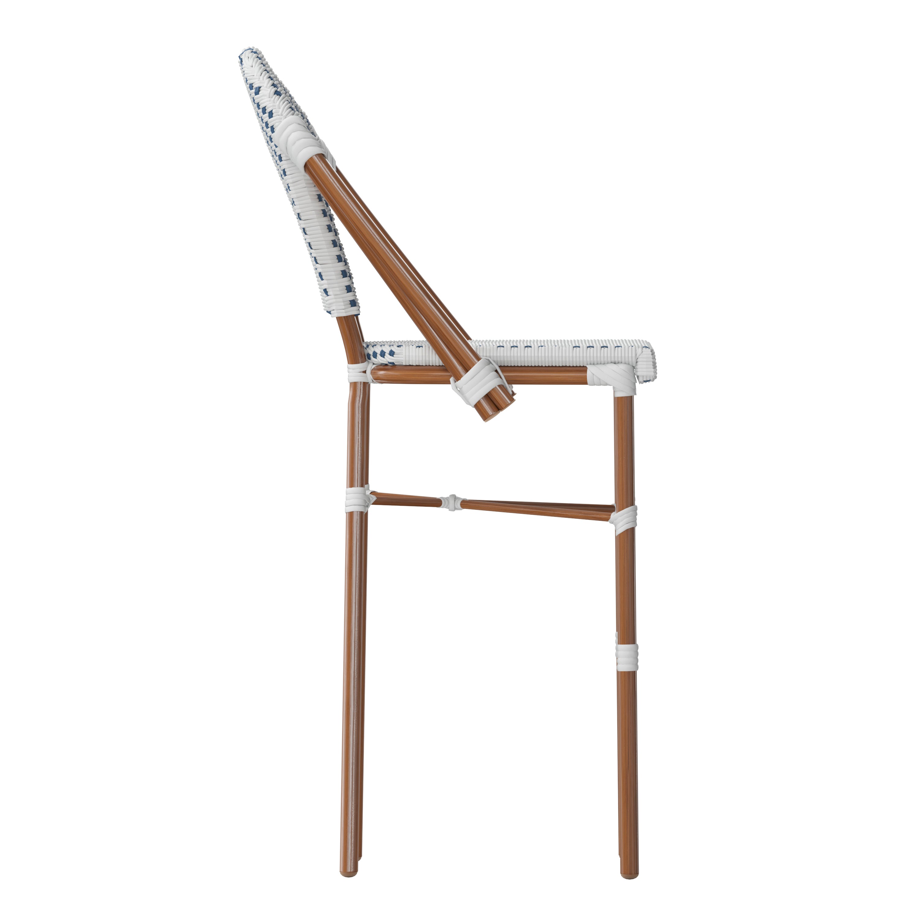 Lourdes Stackable Indoor/Outdoor Bistro 30" High Barstool, Commercial Grade, White/Navy and Bamboo Finish