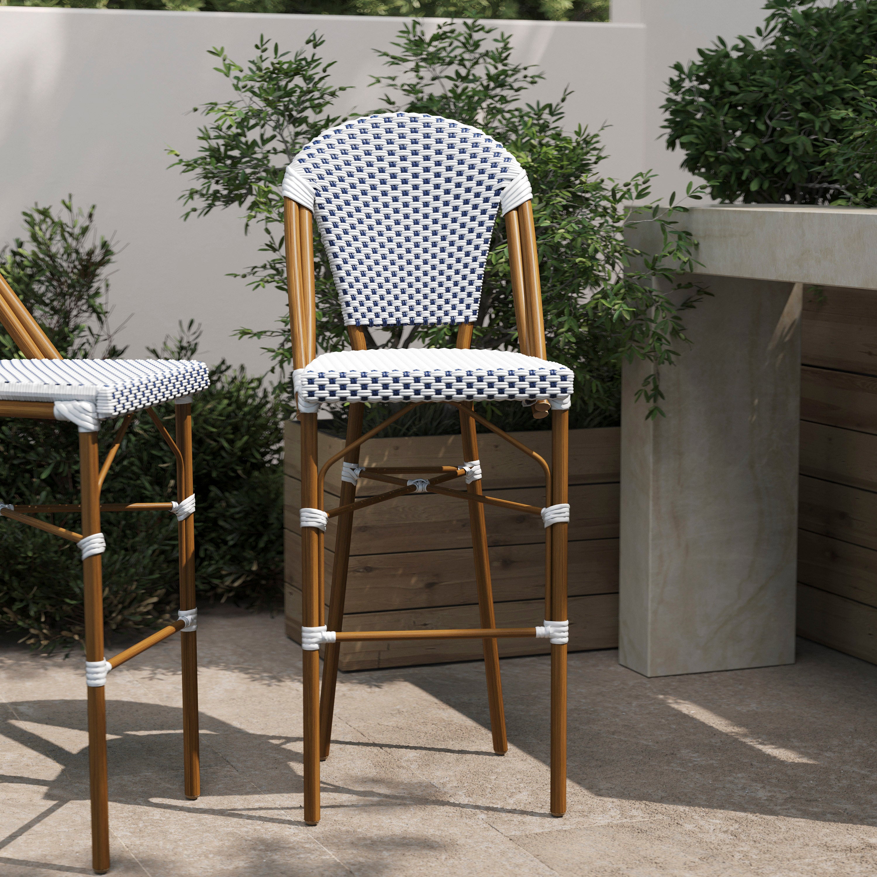Lourdes Stackable Indoor/Outdoor Bistro 30" High Barstool, Commercial Grade, White/Navy and Bamboo Finish