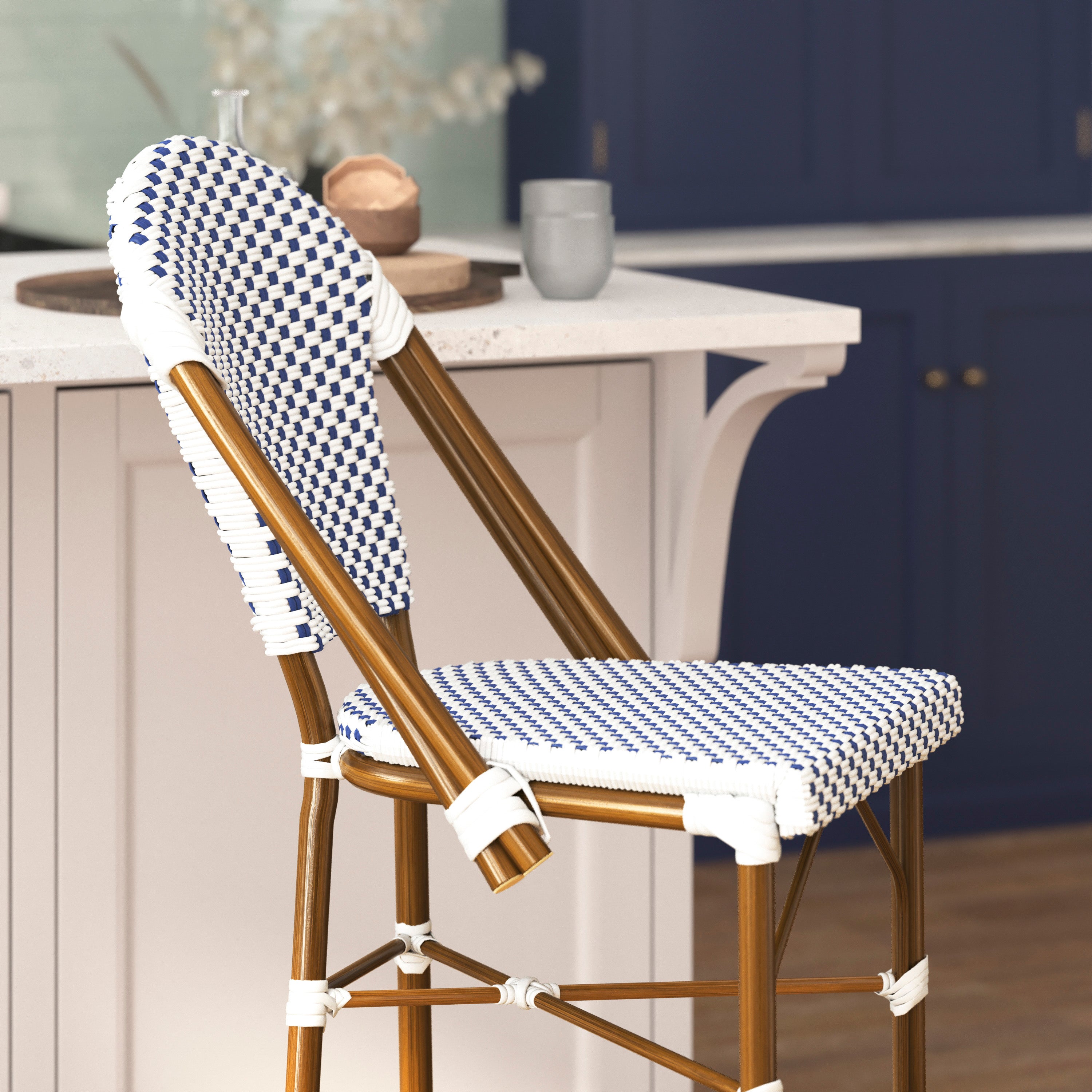Lourdes Stackable Indoor/Outdoor Bistro 30" High Barstool, Commercial Grade, White/Navy and Bamboo Finish