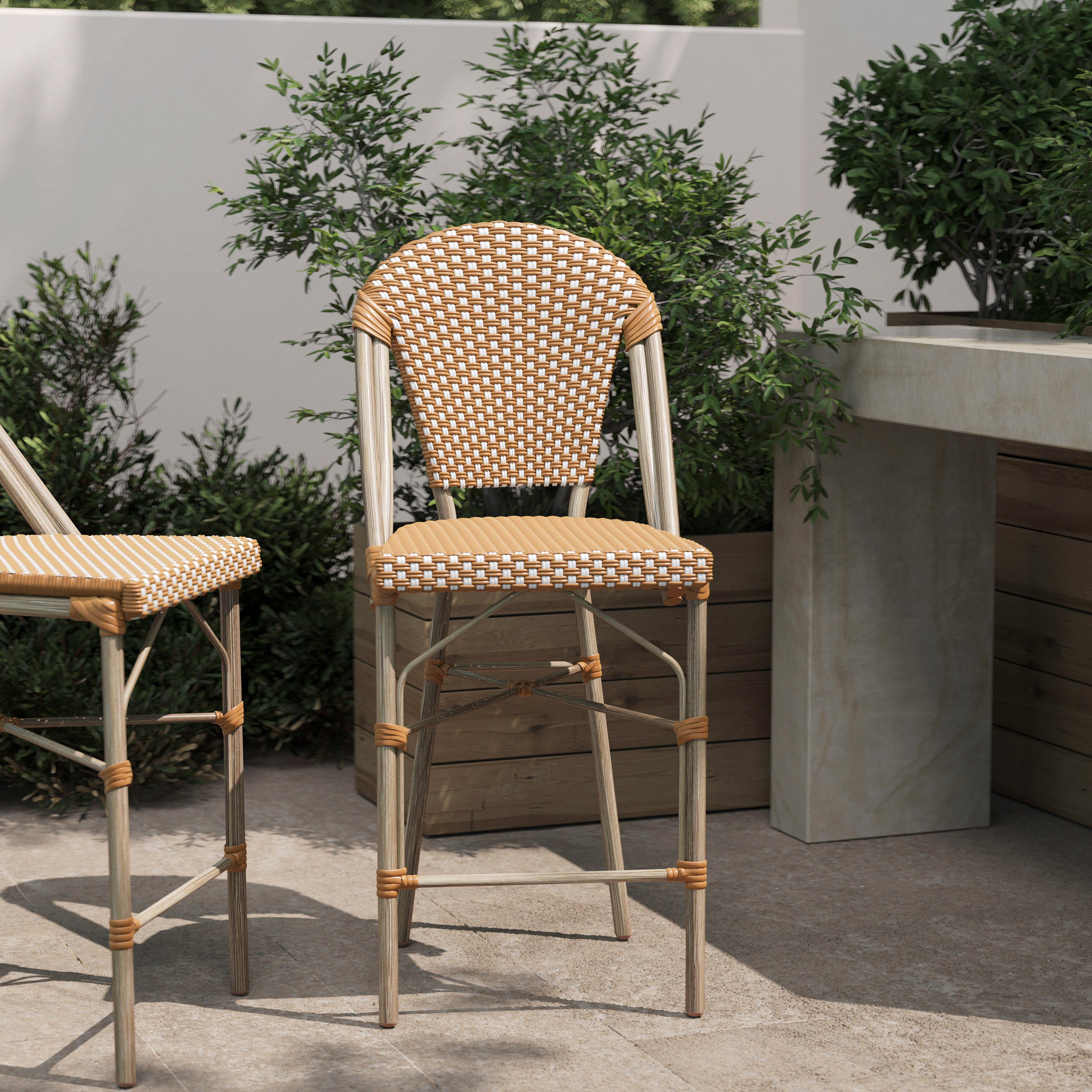 Lourdes Stackable Indoor/Outdoor Bistro 26" High Counter Height Stool, Commercial Grade, Natural/White and Light Natural Finish