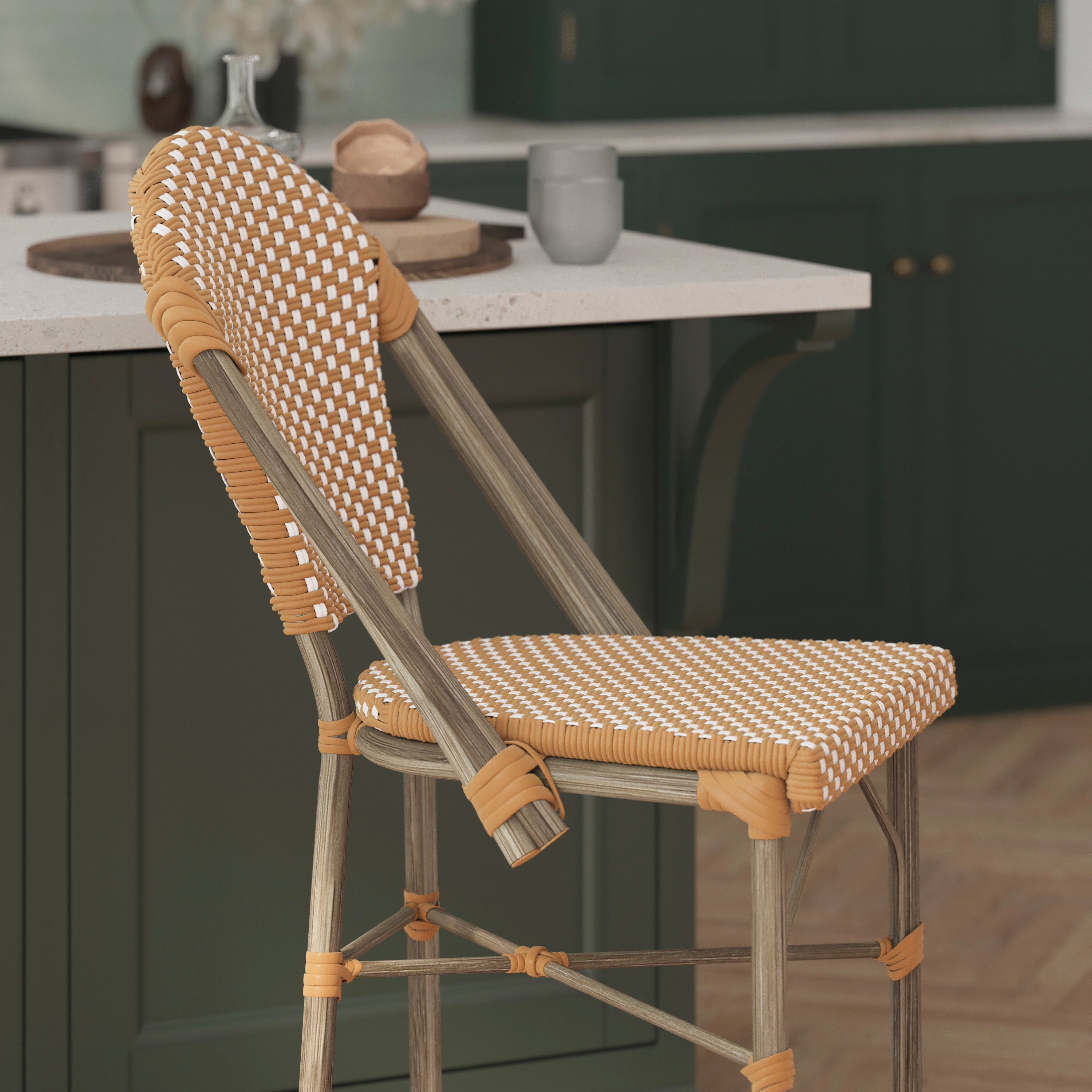 Lourdes Stackable Indoor/Outdoor Bistro 26" High Counter Height Stool, Commercial Grade, Natural/White and Light Natural Finish