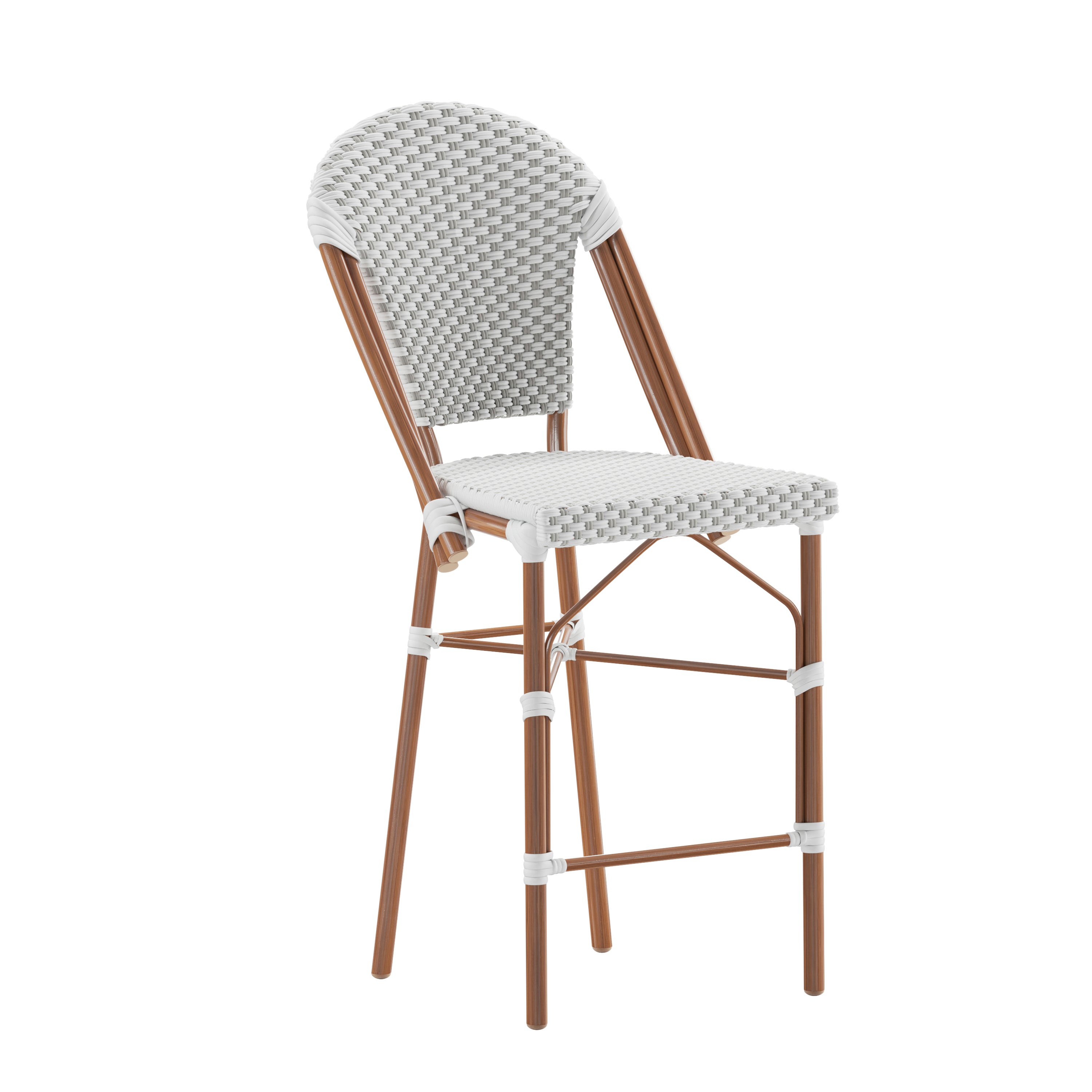 Lourdes Stackable Indoor/Outdoor Bistro 26" High Counter Height Stool, Commercial Grade, White/Gray and Bamboo Finish