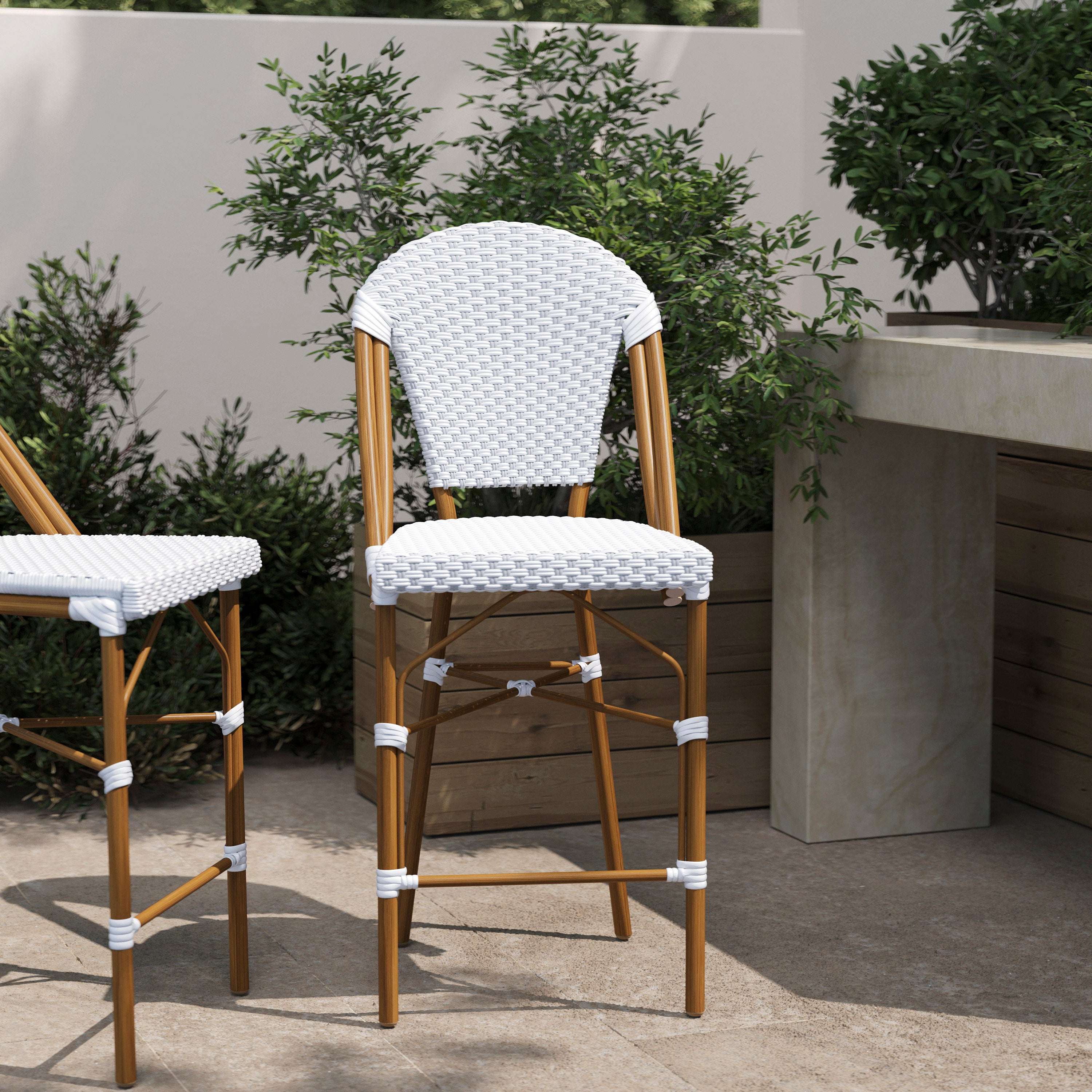 Lourdes Stackable Indoor/Outdoor Bistro 26" High Counter Height Stool, Commercial Grade, White/Gray and Bamboo Finish