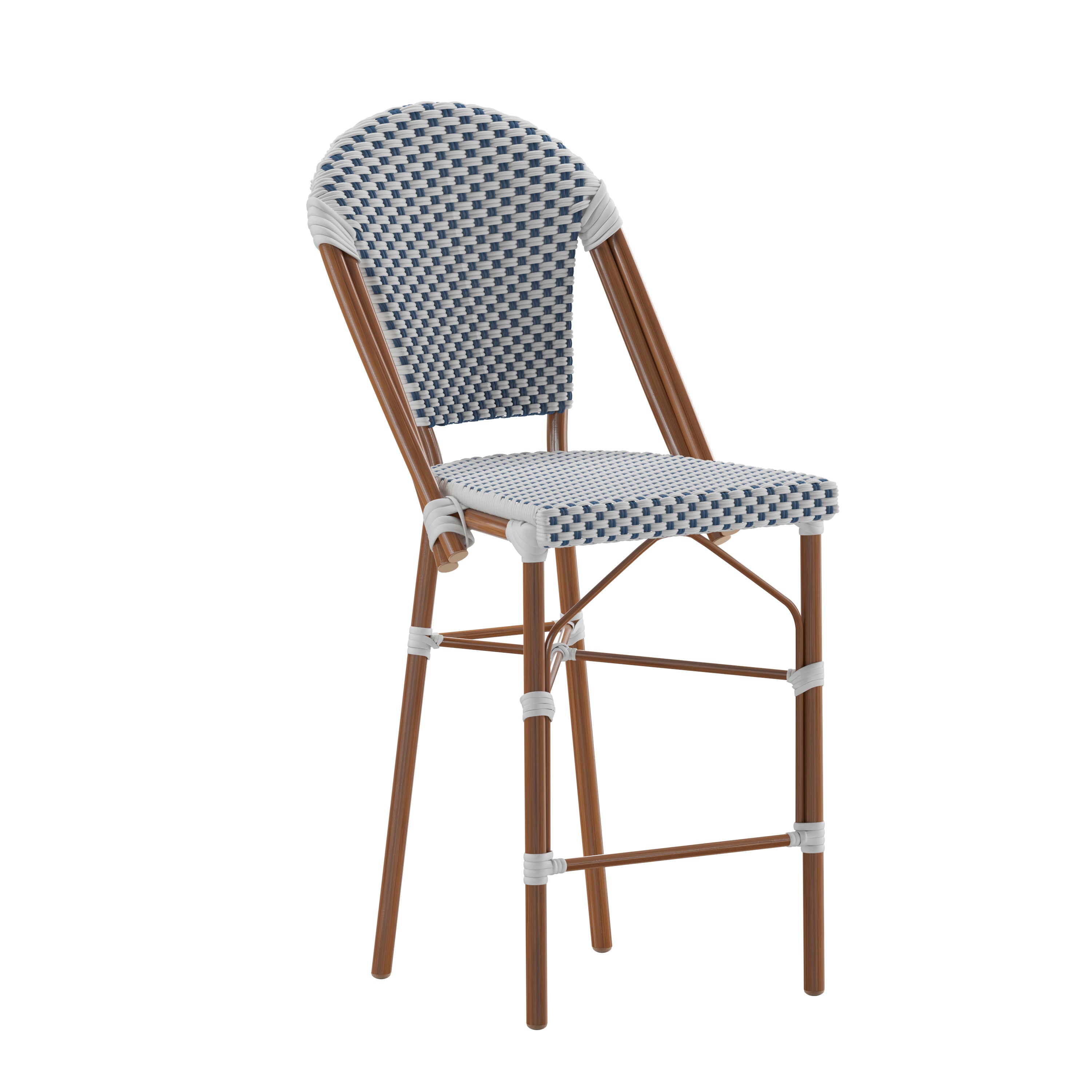 Lourdes Stackable Indoor/Outdoor Bistro 26" High Counter Height Stool, Commercial Grade, White/Navy and Bamboo Finish