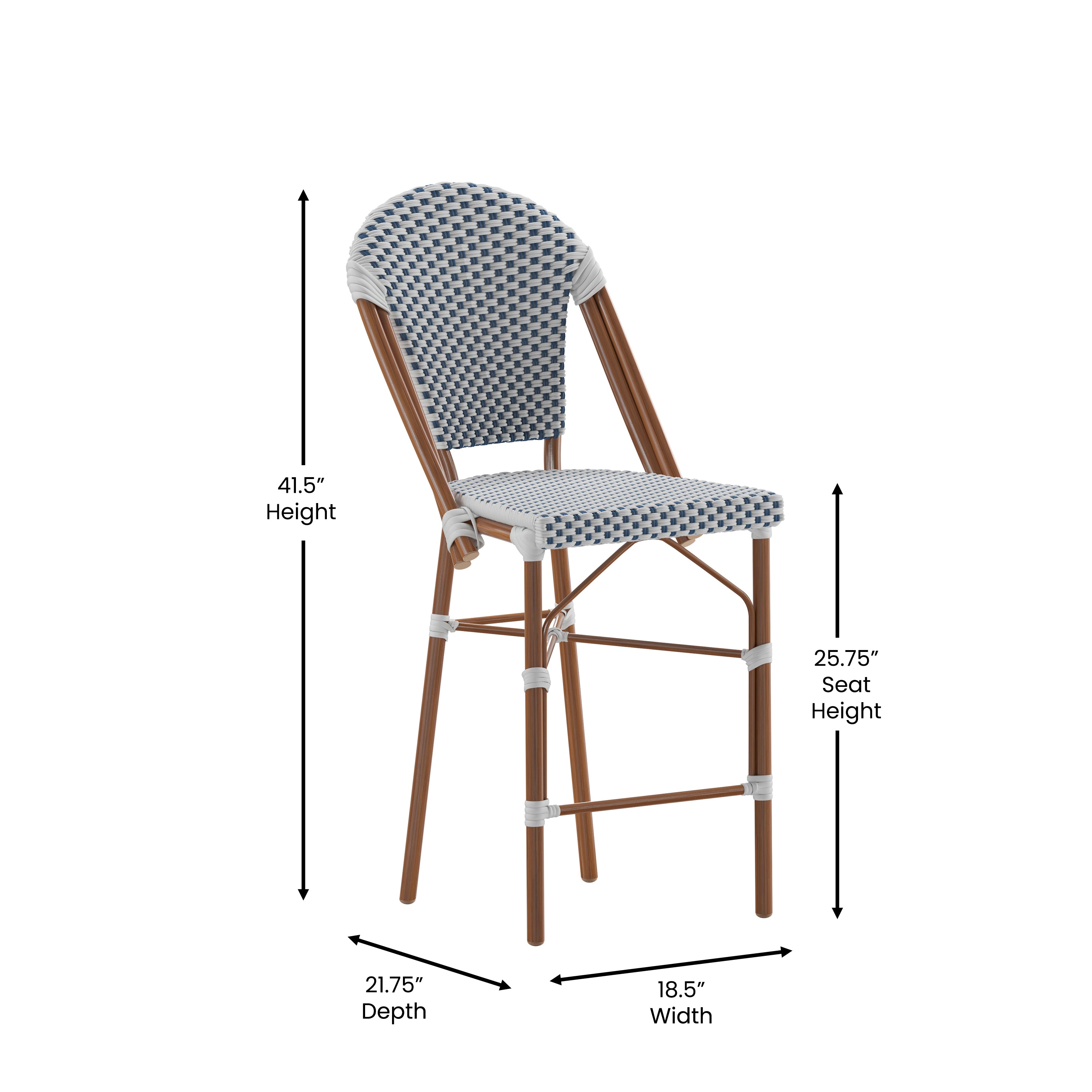 Lourdes Stackable Indoor/Outdoor Bistro 26" High Counter Height Stool, Commercial Grade, White/Navy and Bamboo Finish