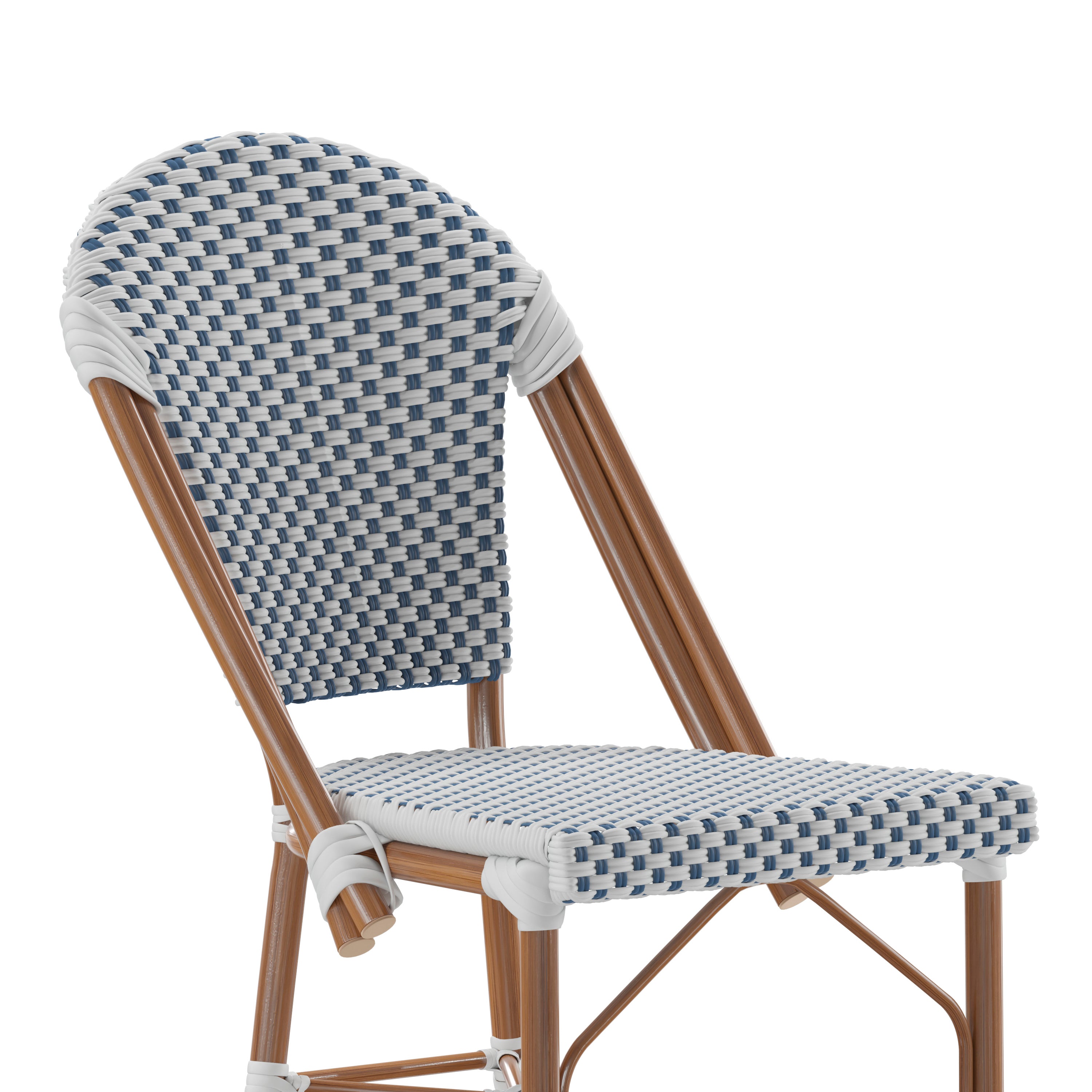 Lourdes Stackable Indoor/Outdoor Bistro 26" High Counter Height Stool, Commercial Grade, White/Navy and Bamboo Finish