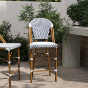 Lourdes Stackable Indoor/Outdoor Bistro 26" High Counter Height Stool, Commercial Grade, White/Navy and Bamboo Finish