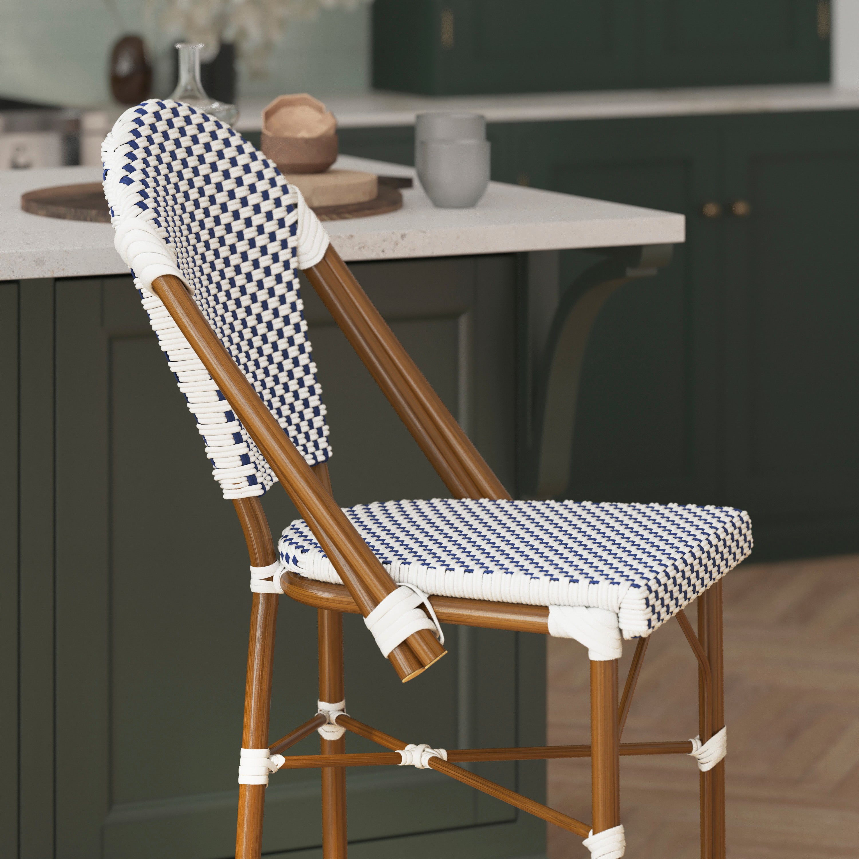 Lourdes Stackable Indoor/Outdoor Bistro 26" High Counter Height Stool, Commercial Grade, White/Navy and Bamboo Finish
