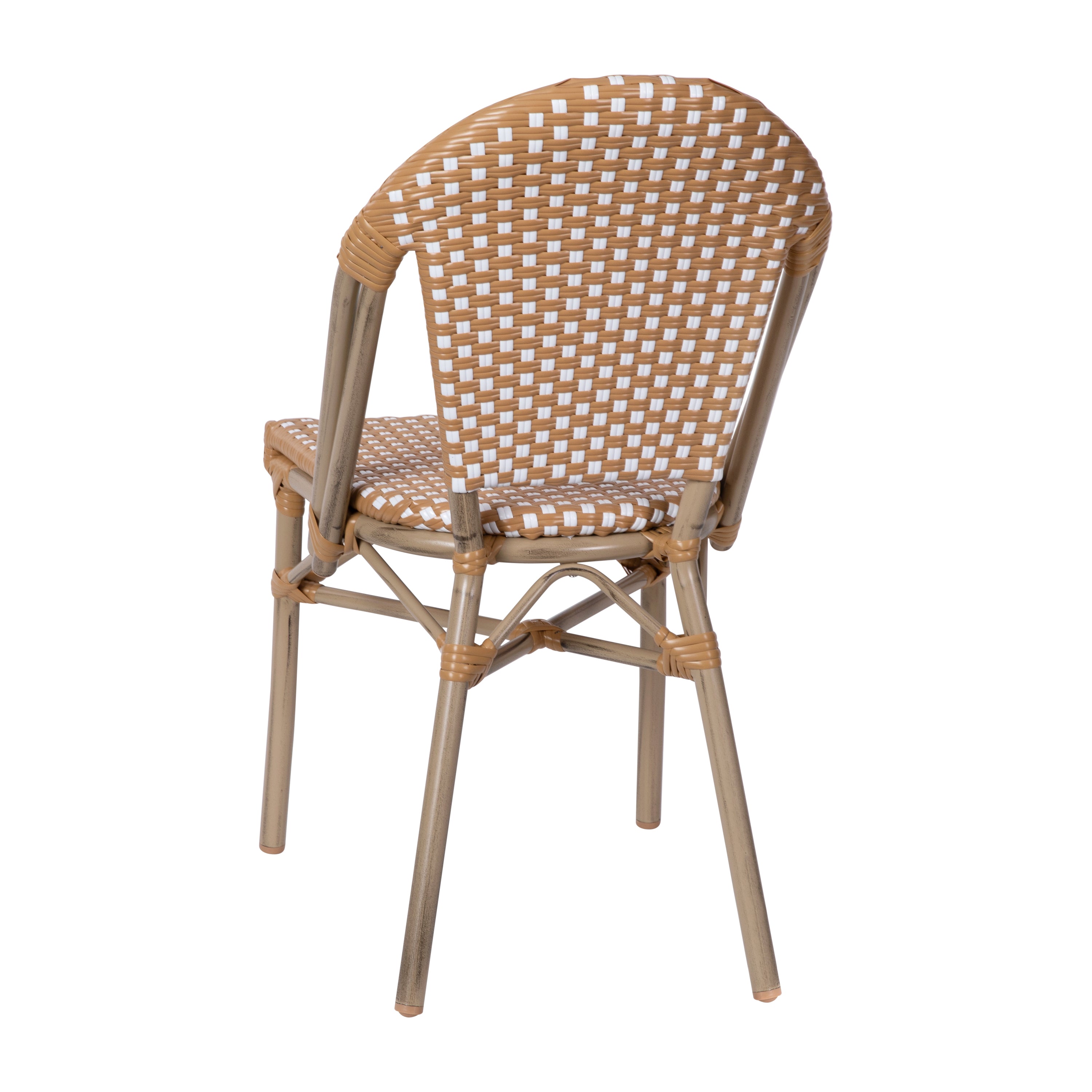 Lourdes Indoor/Outdoor Commercial Bistro Stacking Chair, Natural/White PE Rattan Back and Seat, Bamboo Print Aluminum Frame in Light Natural