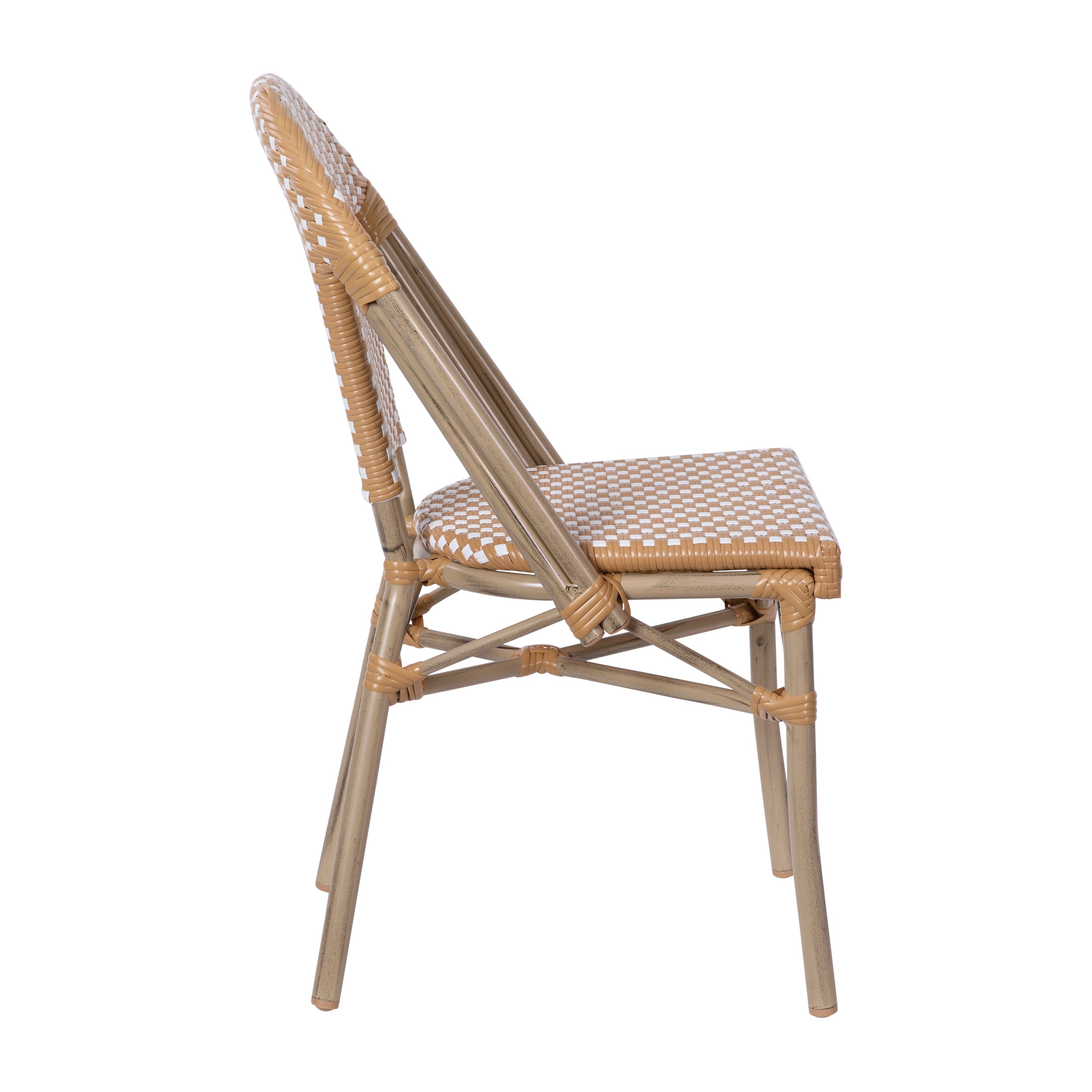 Lourdes Indoor/Outdoor Commercial Bistro Stacking Chair, Natural/White PE Rattan Back and Seat, Bamboo Print Aluminum Frame in Light Natural