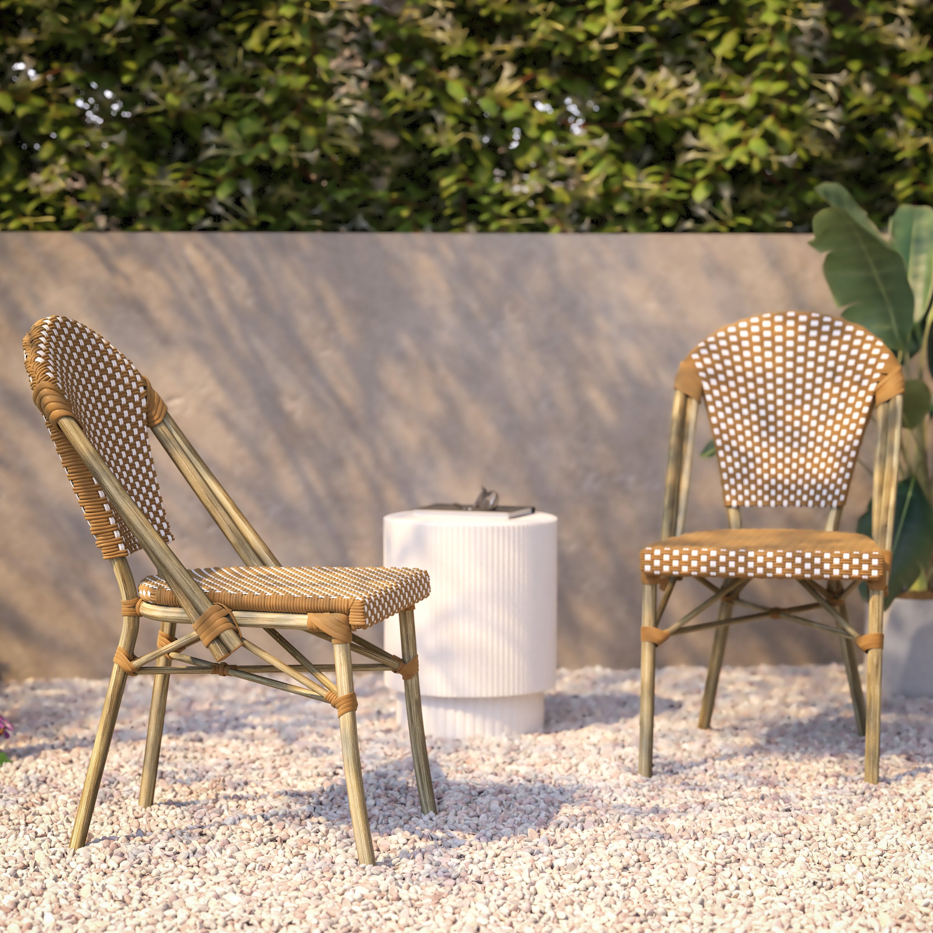 Lourdes Indoor/Outdoor Commercial Bistro Stacking Chair, Natural/White PE Rattan Back and Seat, Bamboo Print Aluminum Frame in Light Natural