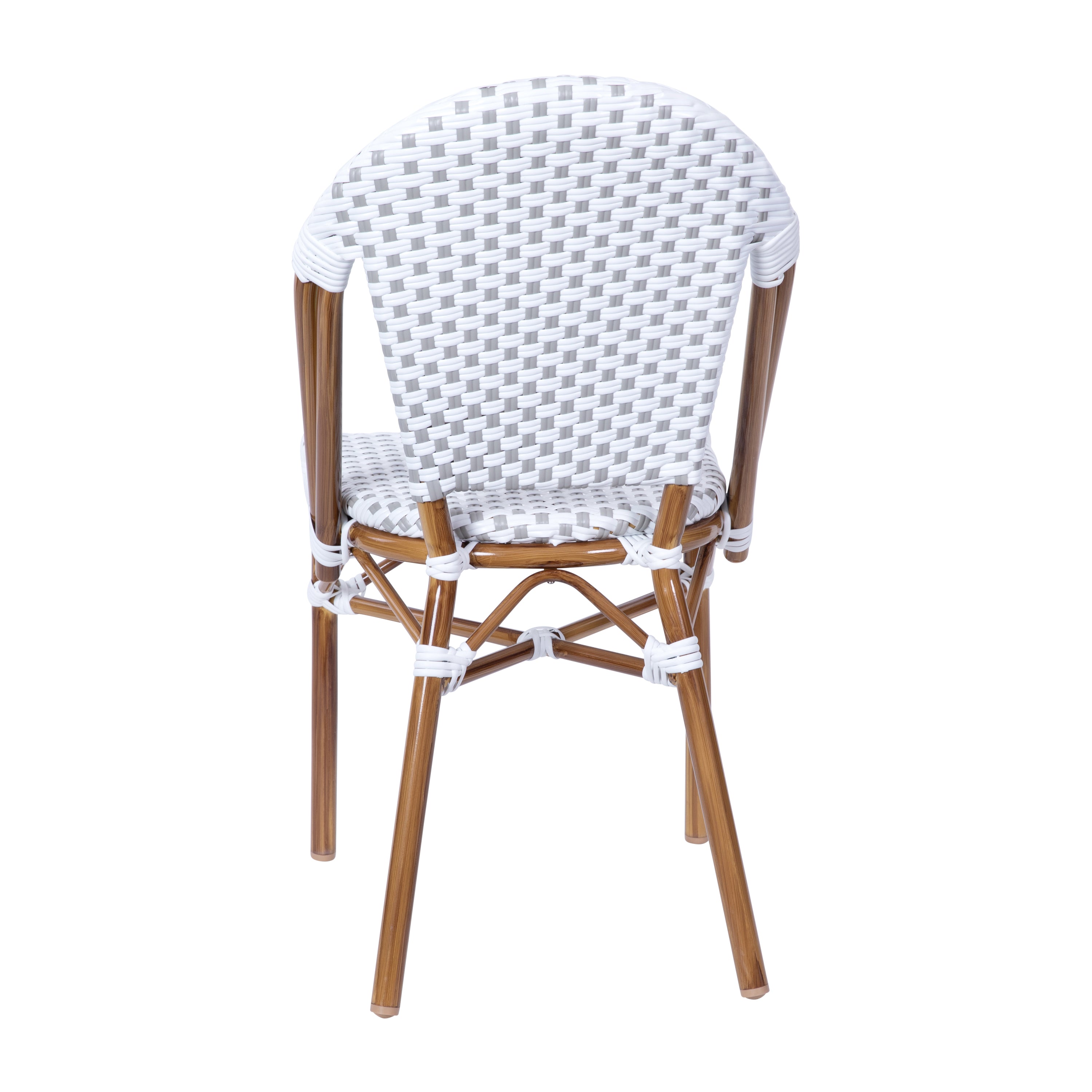 Lourdes Indoor/Outdoor Commercial Bistro Stacking Chair, White and Gray PE Rattan Back and Seat, Bamboo Print Aluminum Frame in Natural