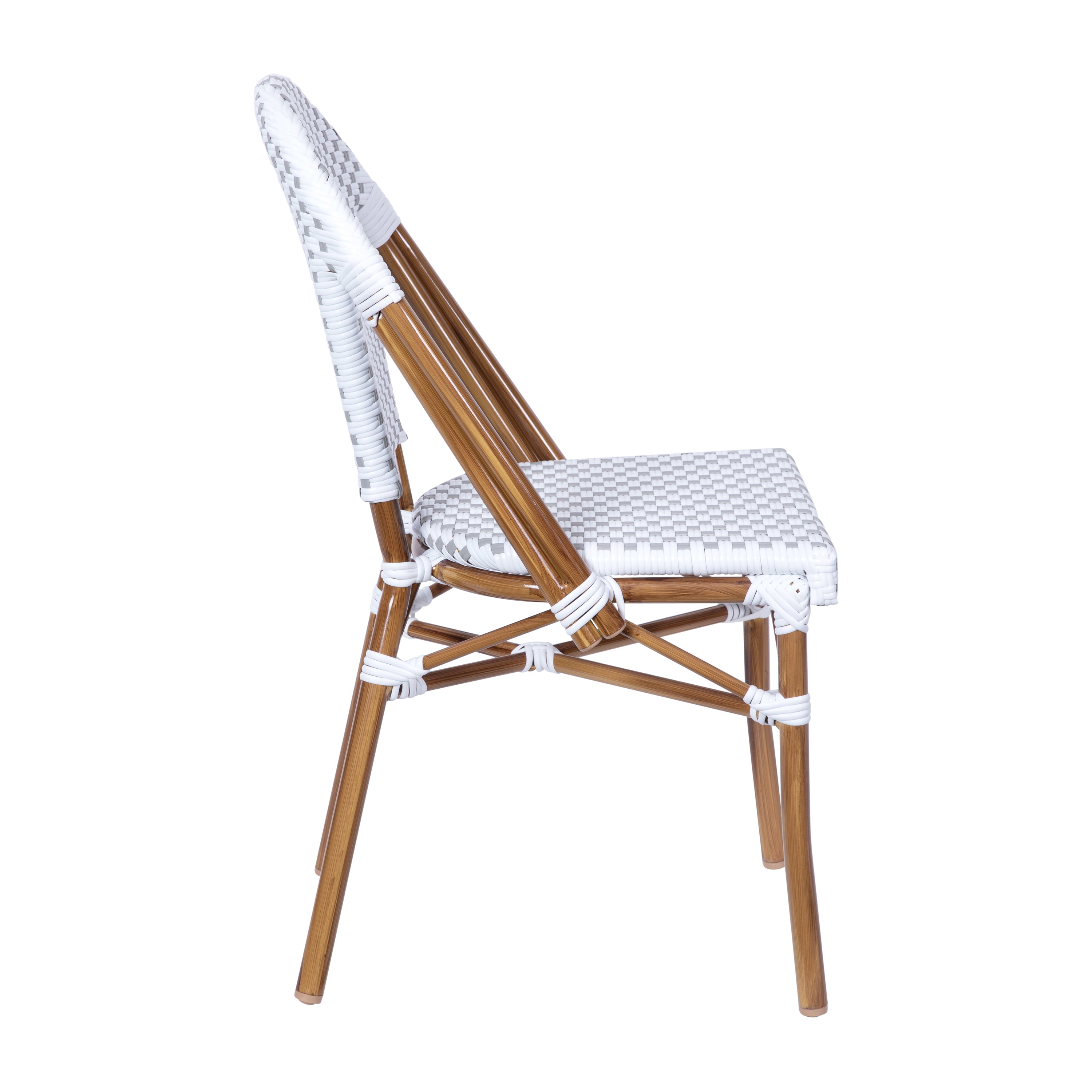 Lourdes Indoor/Outdoor Commercial Bistro Stacking Chair, White and Gray PE Rattan Back and Seat, Bamboo Print Aluminum Frame in Natural