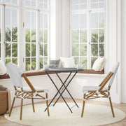 Lourdes Indoor/Outdoor Commercial Bistro Stacking Chair, White and Gray PE Rattan Back and Seat, Bamboo Print Aluminum Frame in Natural