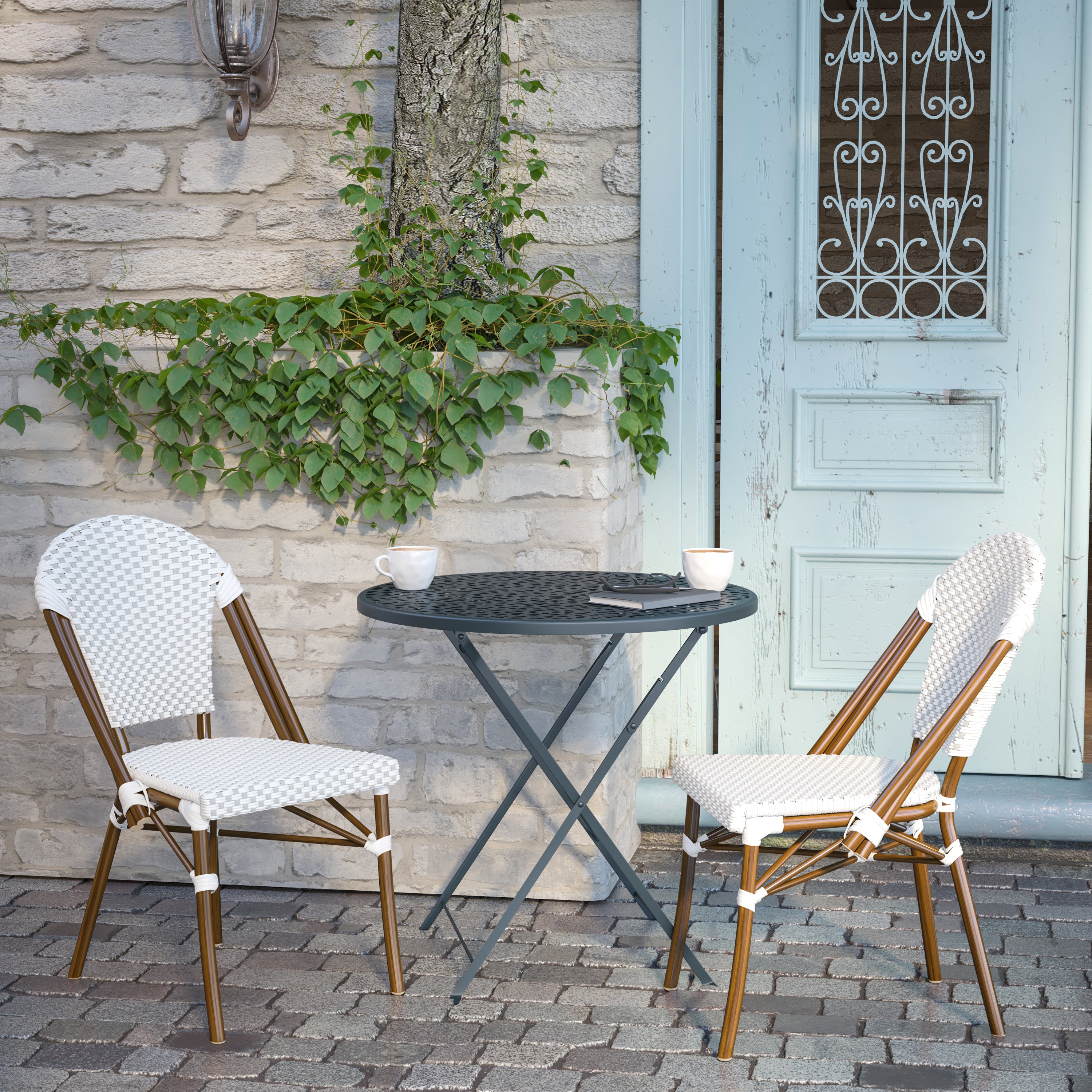 Lourdes Indoor/Outdoor Commercial Bistro Stacking Chair, White and Gray PE Rattan Back and Seat, Bamboo Print Aluminum Frame in Natural