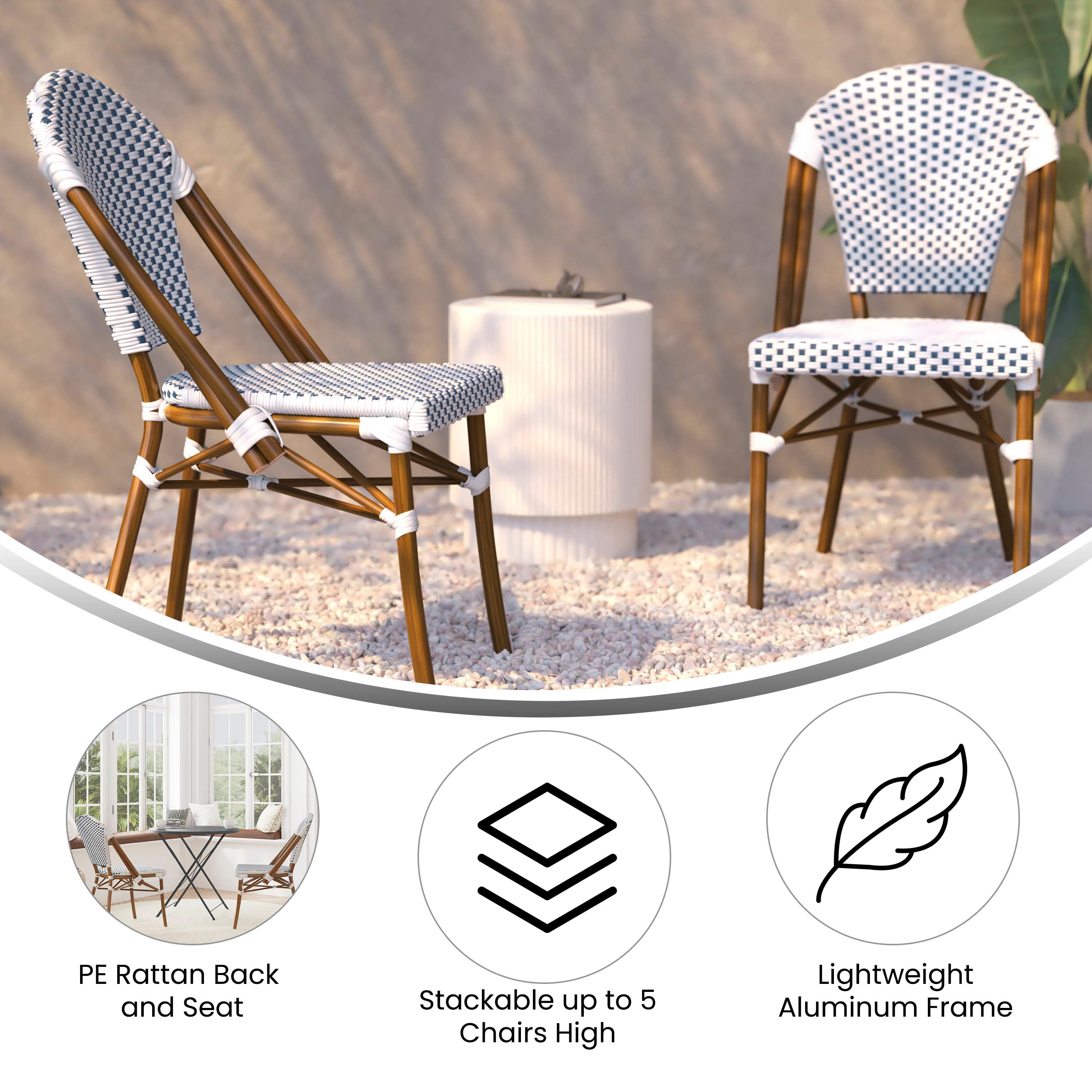 Lourdes Indoor/Outdoor Commercial Bistro Stacking Chair, White and Navy PE Rattan Back and Seat, Bamboo Print Aluminum Frame in Natural