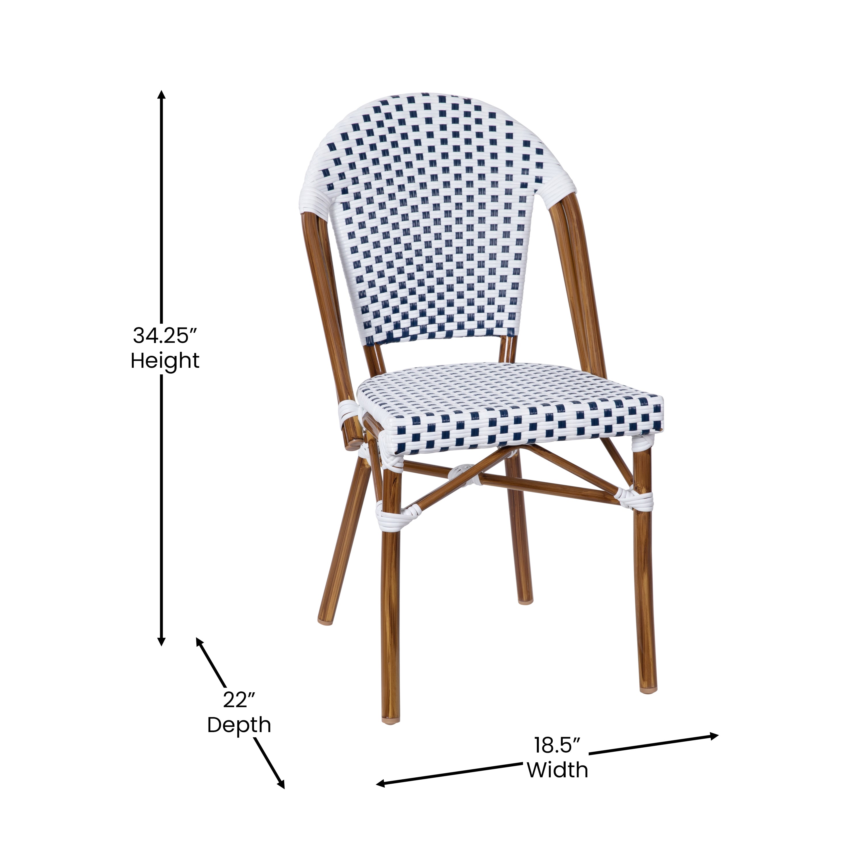 Lourdes Indoor/Outdoor Commercial Bistro Stacking Chair, White and Navy PE Rattan Back and Seat, Bamboo Print Aluminum Frame in Natural