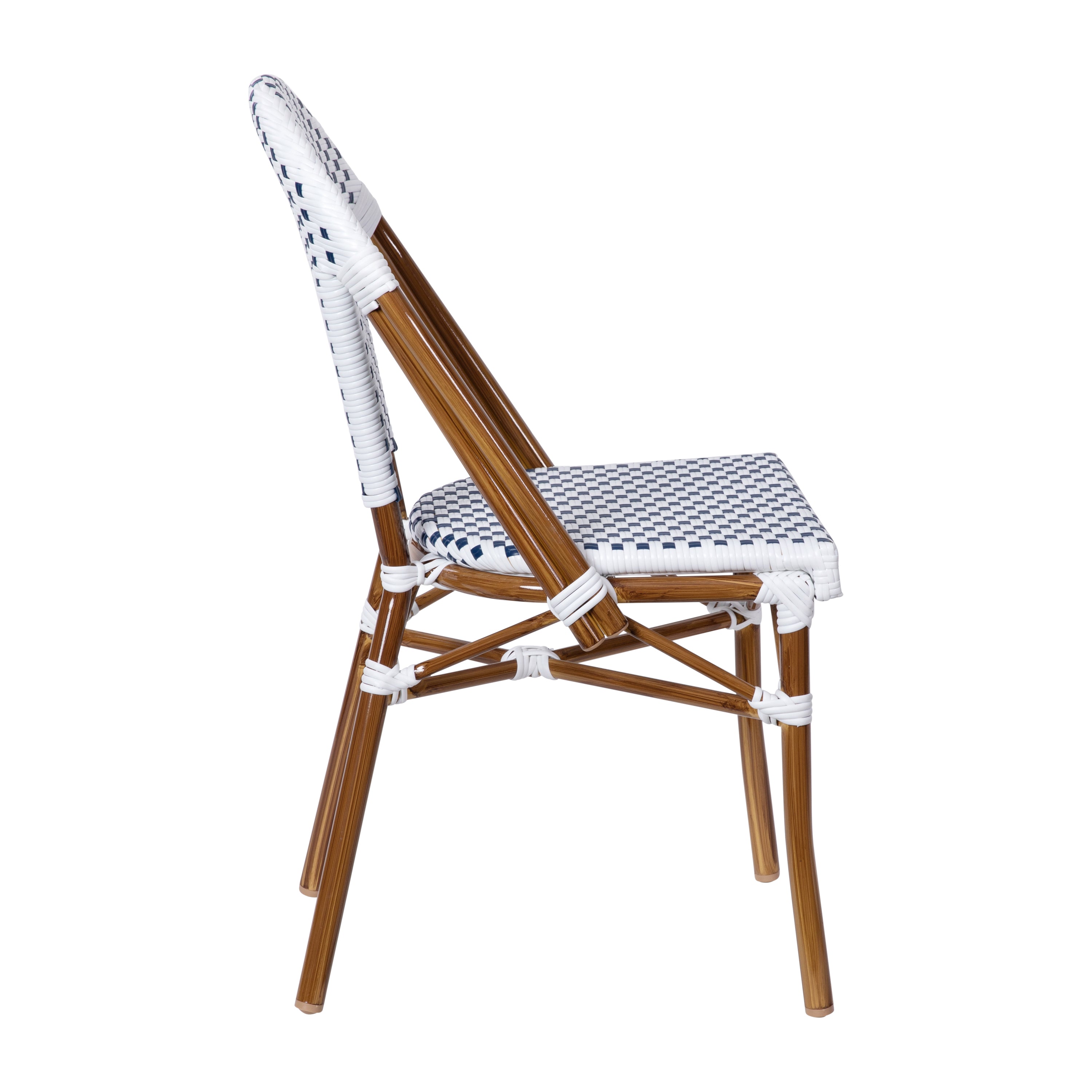 Lourdes Indoor/Outdoor Commercial Bistro Stacking Chair, White and Navy PE Rattan Back and Seat, Bamboo Print Aluminum Frame in Natural