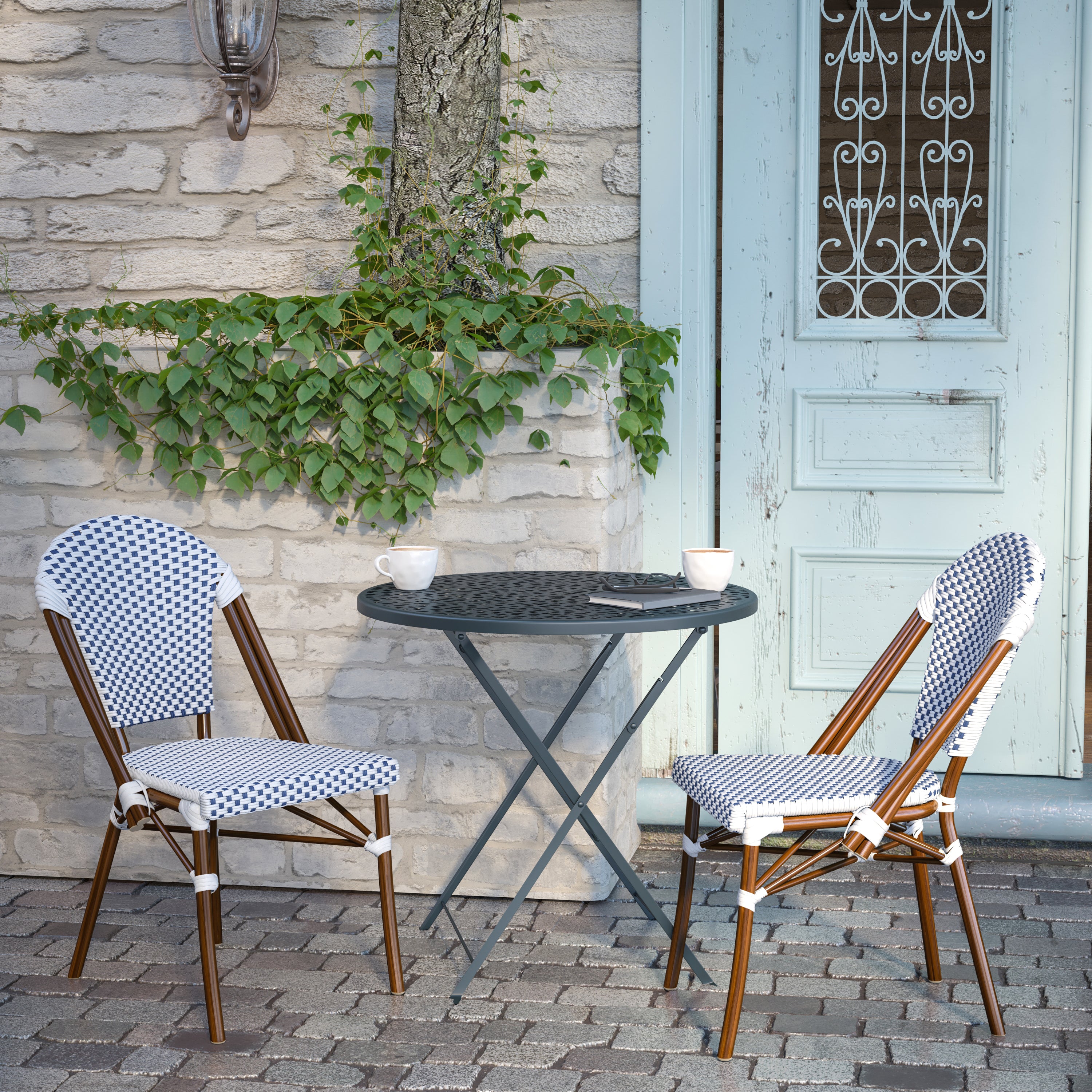 Lourdes Indoor/Outdoor Commercial Bistro Stacking Chair, White and Navy PE Rattan Back and Seat, Bamboo Print Aluminum Frame in Natural