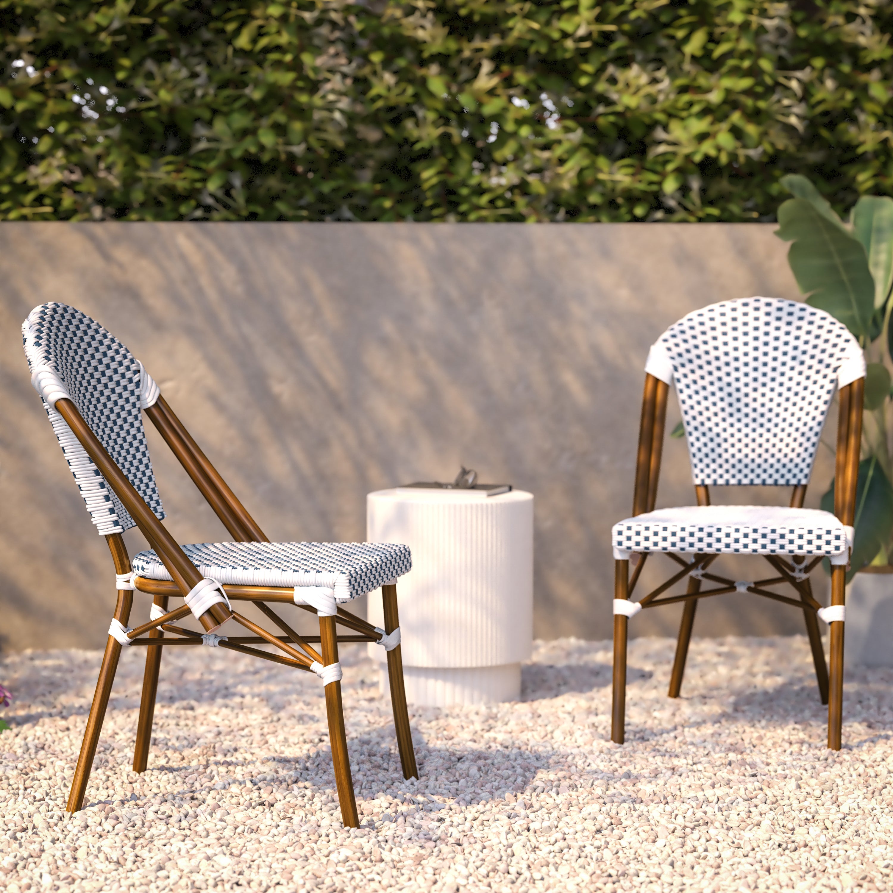 Lourdes Indoor/Outdoor Commercial Bistro Stacking Chair, White and Navy PE Rattan Back and Seat, Bamboo Print Aluminum Frame in Natural