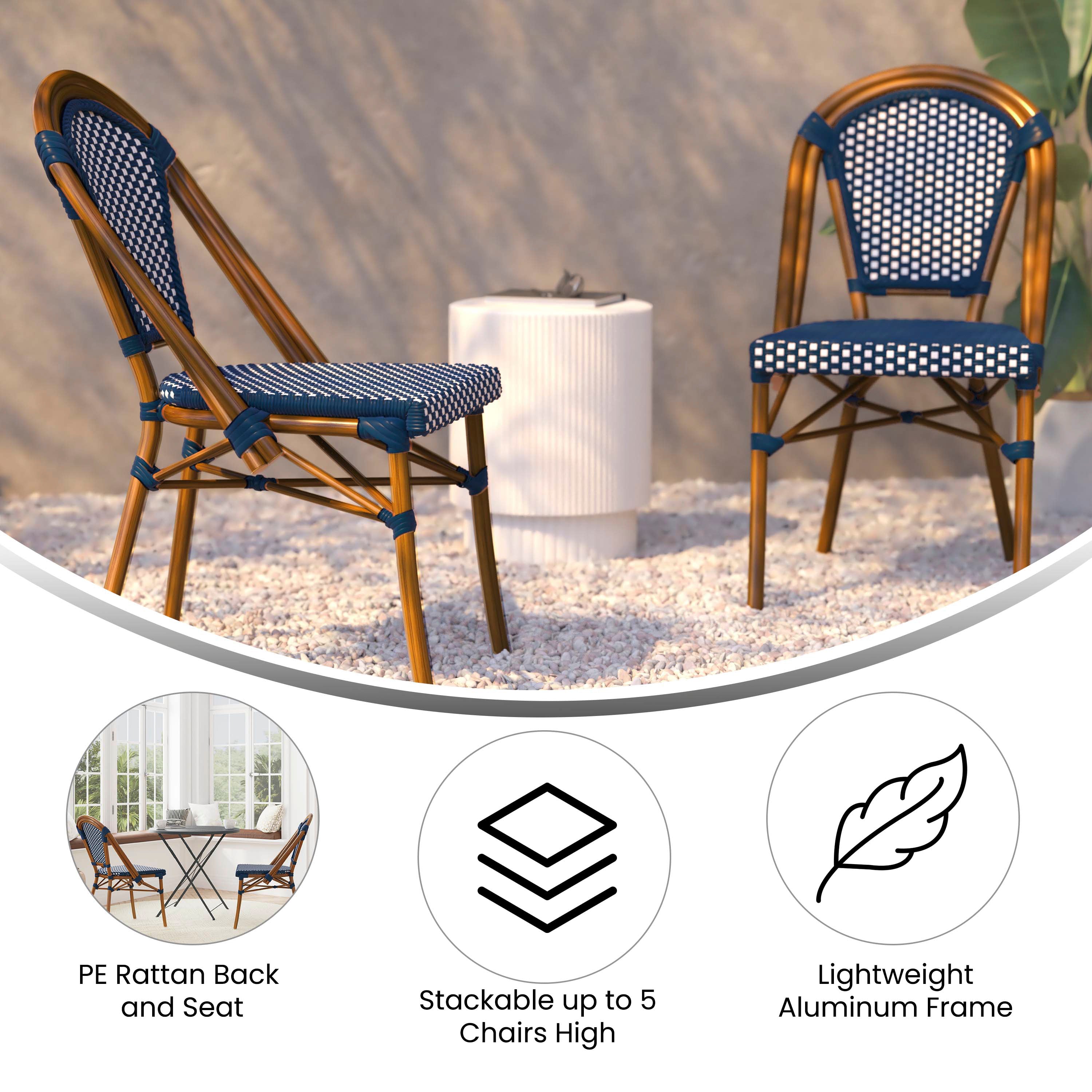 Bordeaux Indoor/Outdoor Commercial Bistro Stacking Chair, Navy and White PE Rattan Back and Seat, Bamboo Print Aluminum Frame in Natural