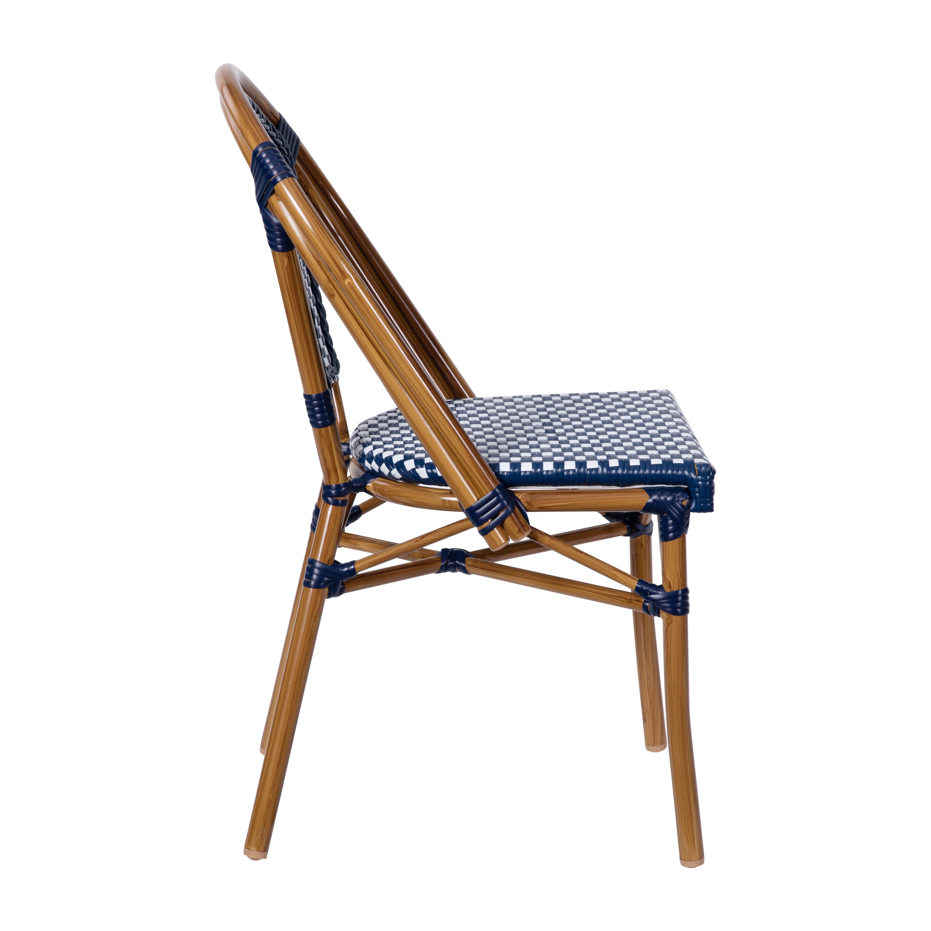 Bordeaux Indoor/Outdoor Commercial Bistro Stacking Chair, Navy and White PE Rattan Back and Seat, Bamboo Print Aluminum Frame in Natural
