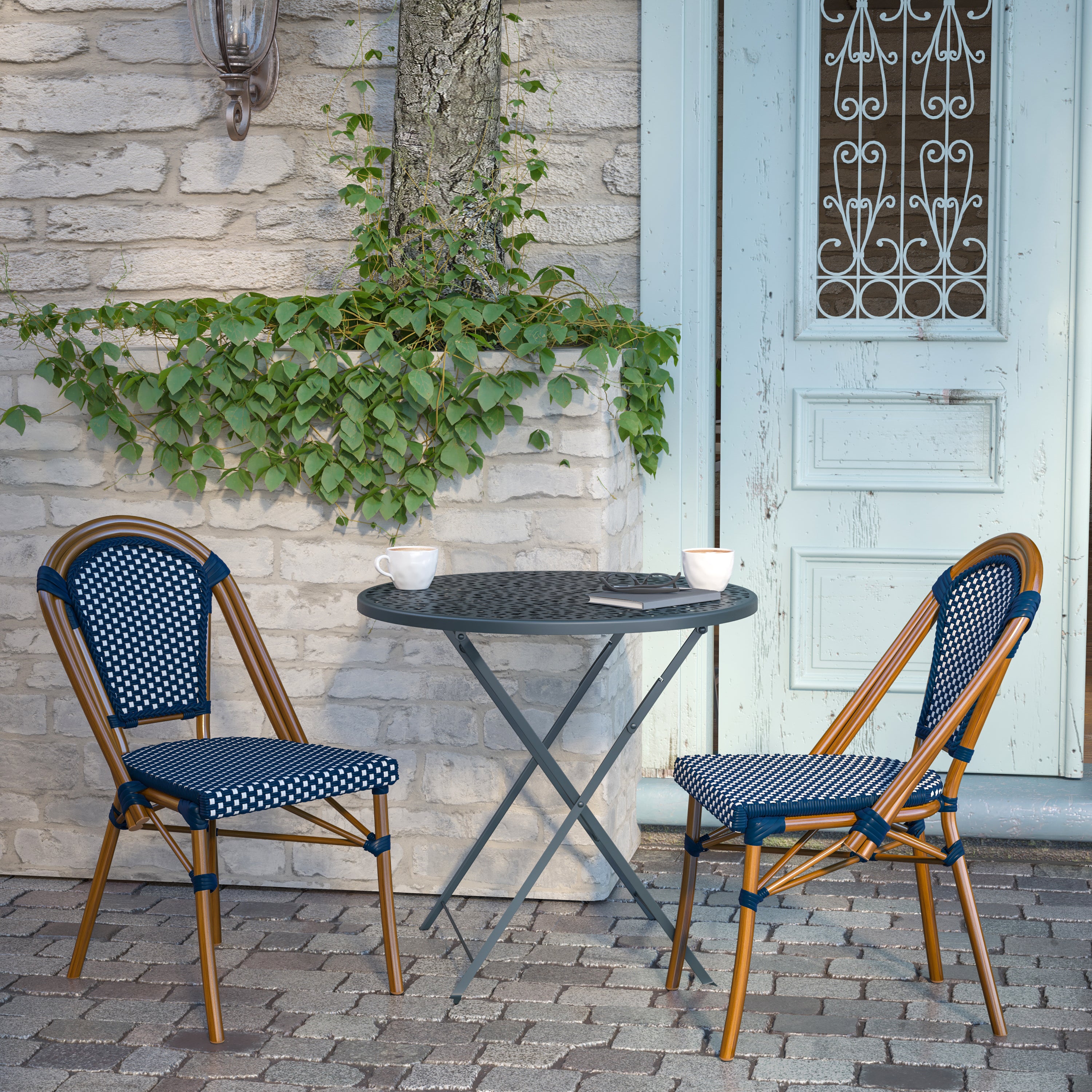 Bordeaux Indoor/Outdoor Commercial Bistro Stacking Chair, Navy and White PE Rattan Back and Seat, Bamboo Print Aluminum Frame in Natural