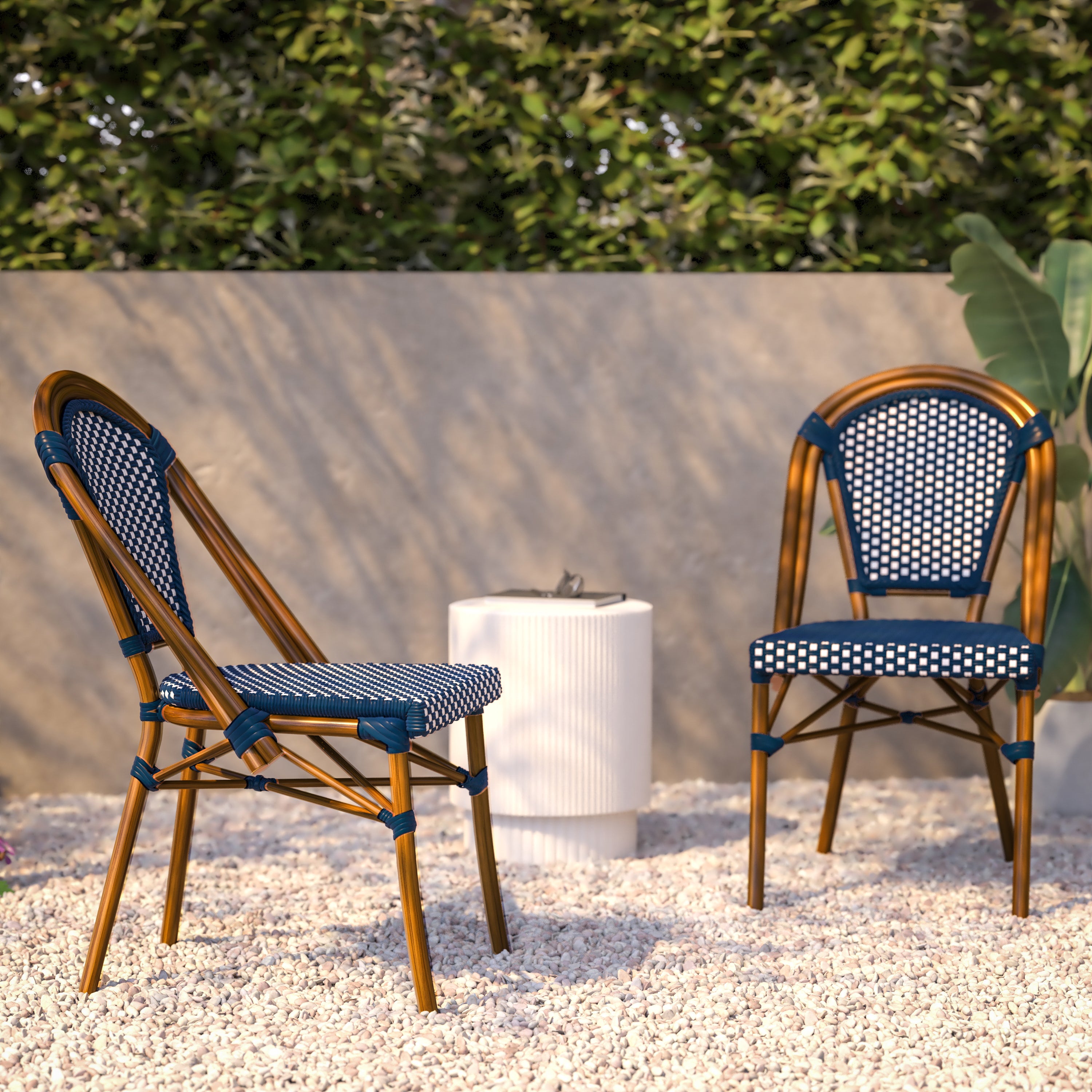 Bordeaux Indoor/Outdoor Commercial Bistro Stacking Chair, Navy and White PE Rattan Back and Seat, Bamboo Print Aluminum Frame in Natural