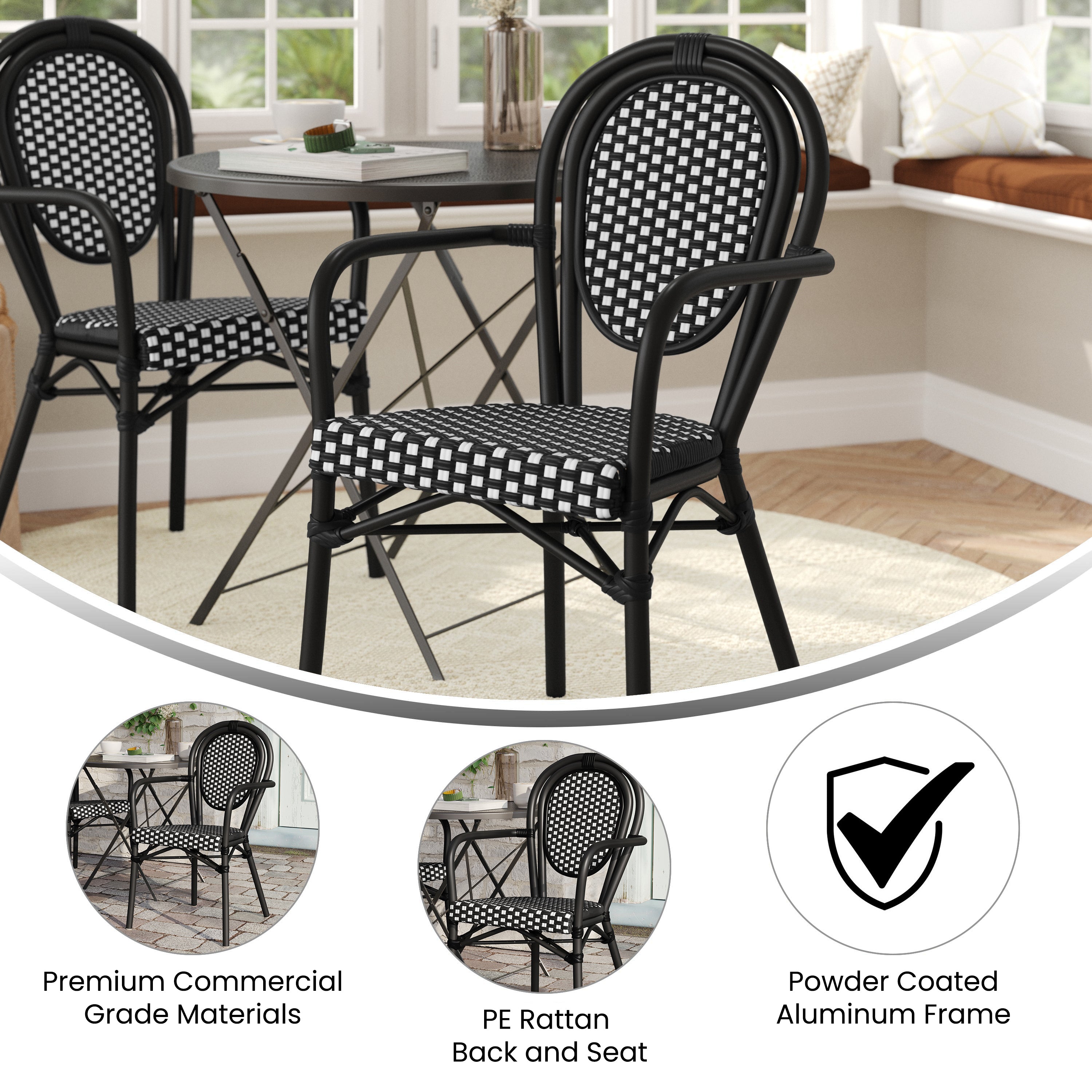 Lourdes Indoor/Outdoor Commercial Thonet Bistro Stacking Chair with Arms, Black and White PE Rattan and Black Aluminum Frame