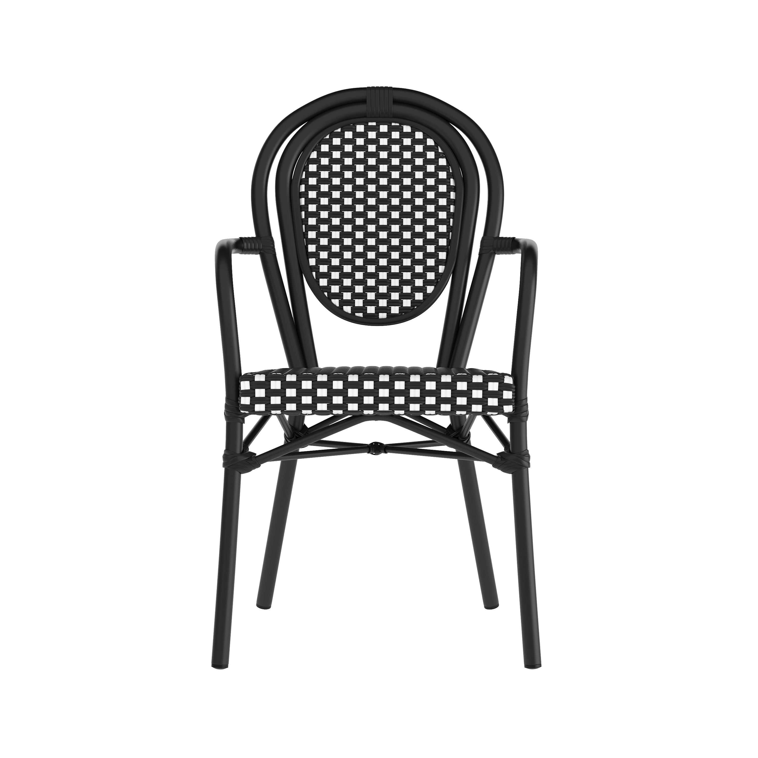 Lourdes Indoor/Outdoor Commercial Thonet Bistro Stacking Chair with Arms, Black and White PE Rattan and Black Aluminum Frame