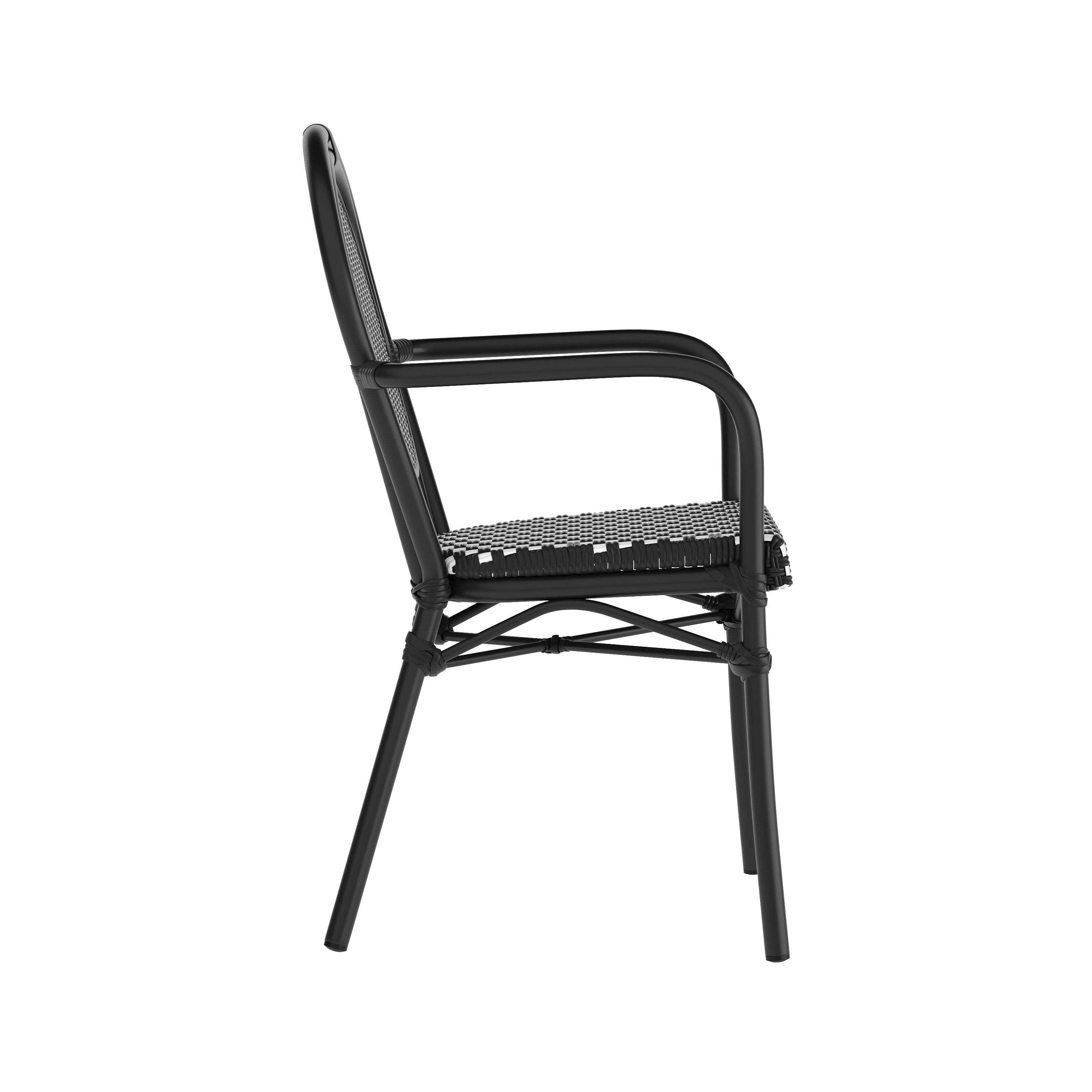 Lourdes Indoor/Outdoor Commercial Thonet Bistro Stacking Chair with Arms, Black and White PE Rattan and Black Aluminum Frame