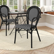 Lourdes Indoor/Outdoor Commercial Thonet Bistro Stacking Chair with Arms, Black and White PE Rattan and Black Aluminum Frame